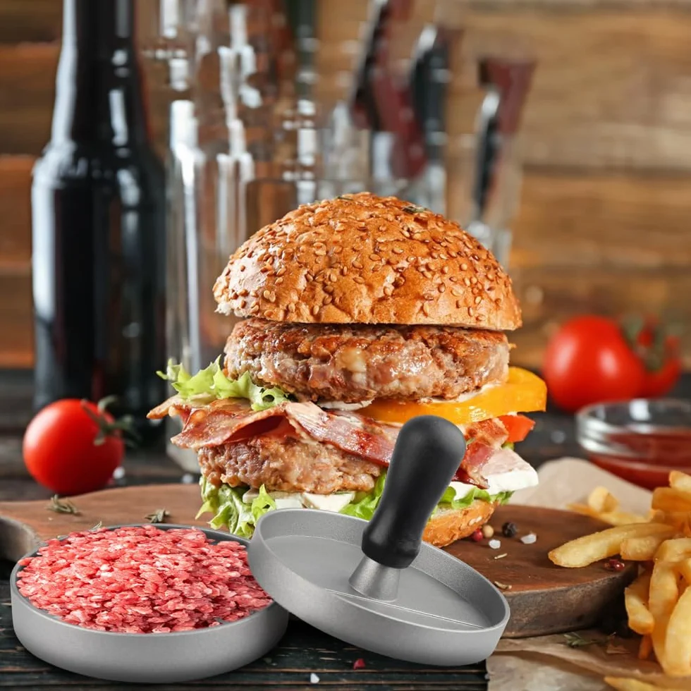 GreHom Pressa per Hamburger con 50 Fogli di Carta Antiaderente, macinato di Manzo, Macchina per Carne Antiaderente per Barbecue, Cottura al Forno, Hamburger ripieni, Hamburger di Manzo