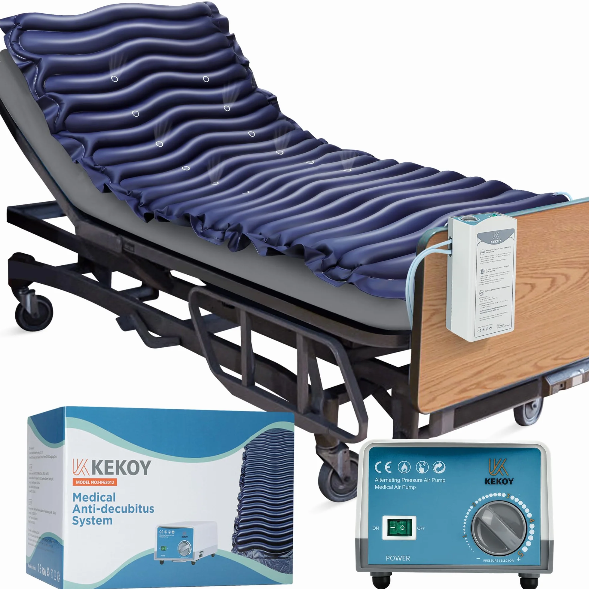 Kekoy Materasso Antidecubito per Anziani a Pressione Alternata: Micro prese d'aria, Pompa Silenziosa, Impermeabile | Materassino Antidecubito per Ospedali, Case, Letti Medici - 190 x 91 cm (Blu)
