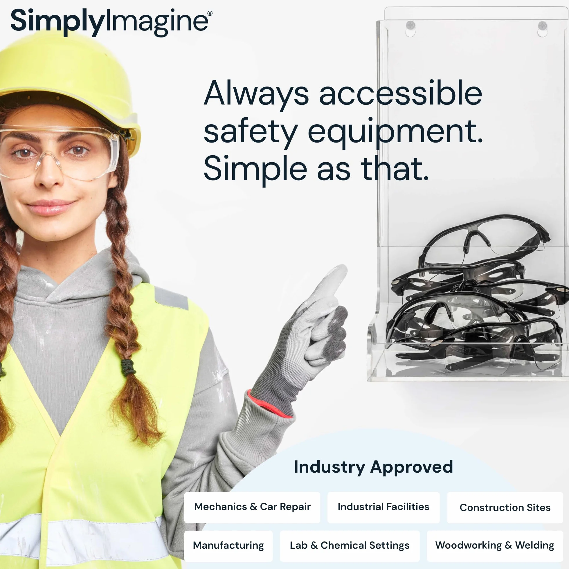 SimplyImagine Dispenser di occhiali di sicurezza, resistente, supporto in acrilico per uso industriale, dentale, laboratorio, supporto trasparente o organizer da parete, porta occhiali di sicurezza