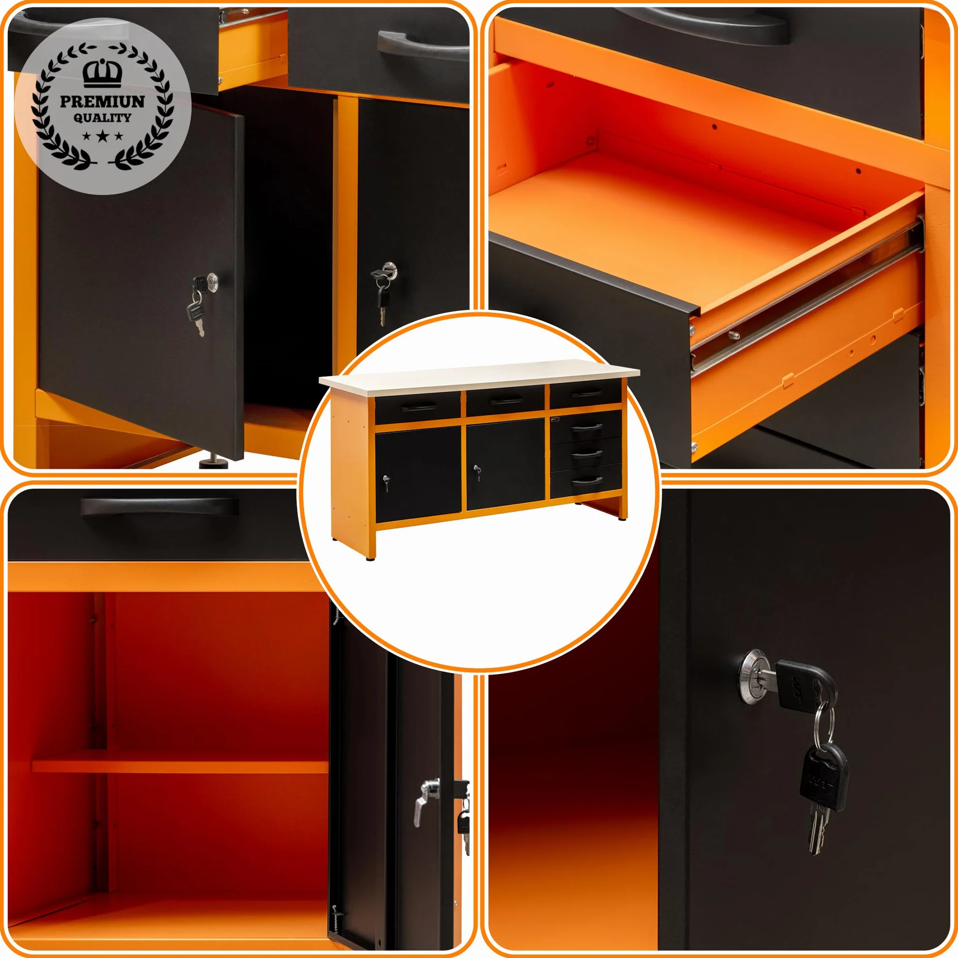 METALLMOBELL - Banco da Lavoro Officina, 160x60x84cm, con Cassetti e Armadietto, Tavolo da Lavoro Garage, Banchetto da Lavoro, Banco da Falegname, Banco da Lavoro Garage, Banco Lavoro MB010N