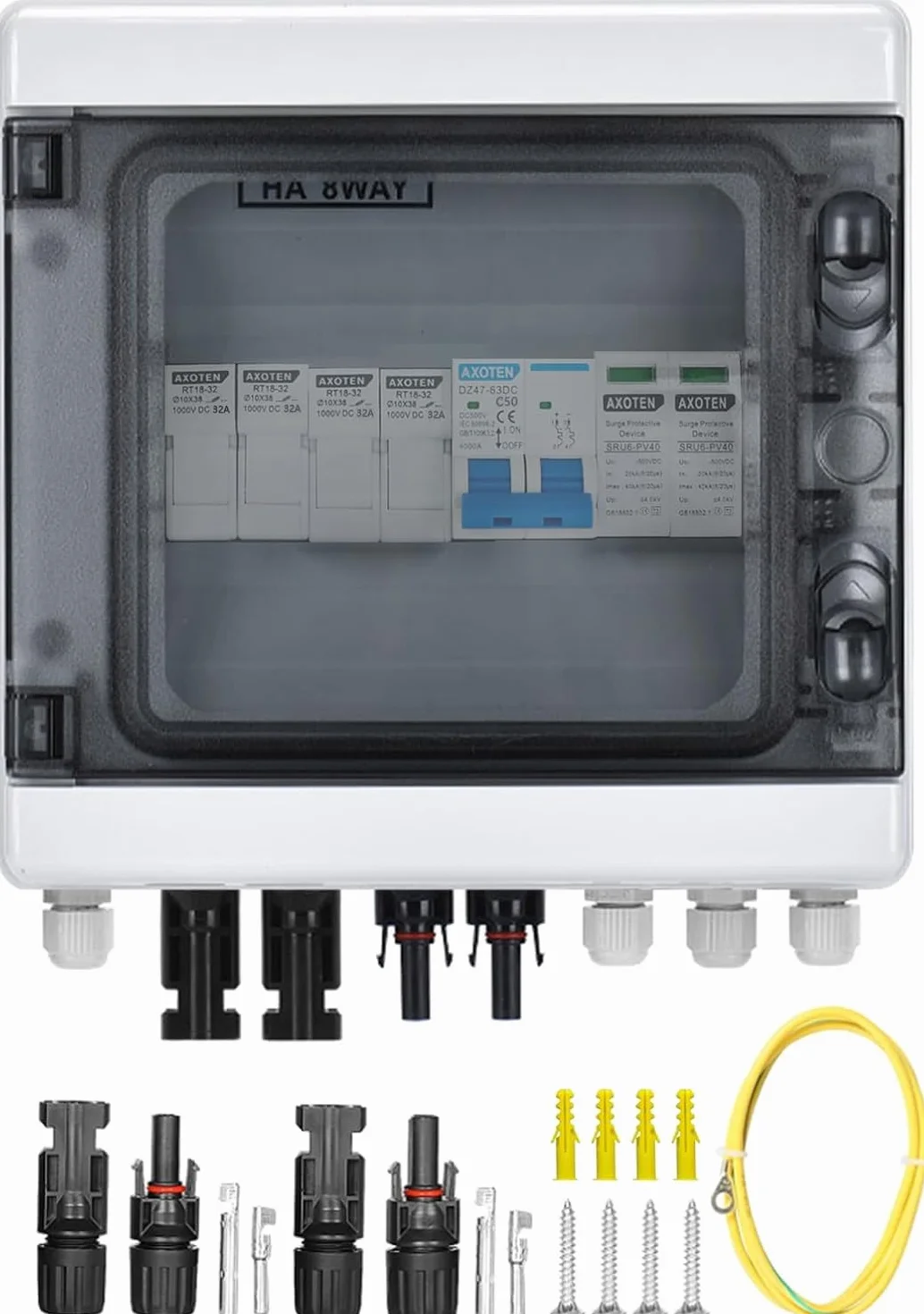 Scatola di Giunzione Solare Fotovoltaica, Scatola Combinatore Solare Fotovoltaico 500V 2 Stringhe 15A 2 in 1 out, IP65 Scatola Di Giunzione In Plastica Impermeabile Per Uso Esterno