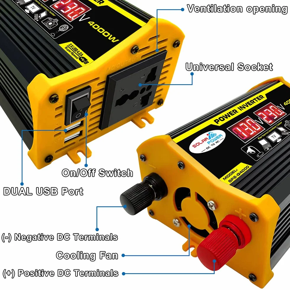 4000 W Car Power Inverter DC 12 V AC 110 V 220 V Convertitore Solare Nero