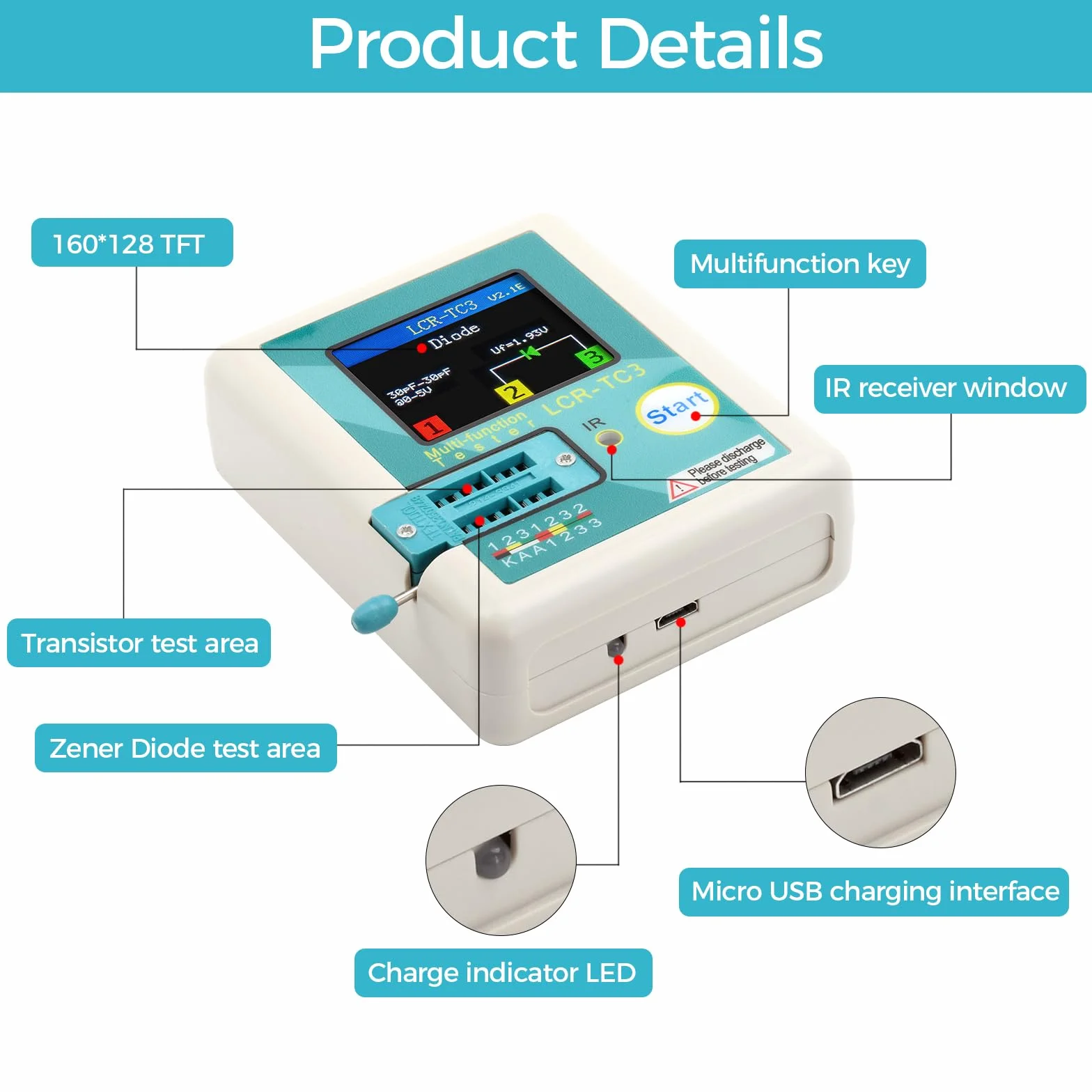 Tester Transistor LCR-T3, Transistor Multifunzione TFT con Display Grafico, Spegnimento Automatico, ESR NPN PNP MOSFET