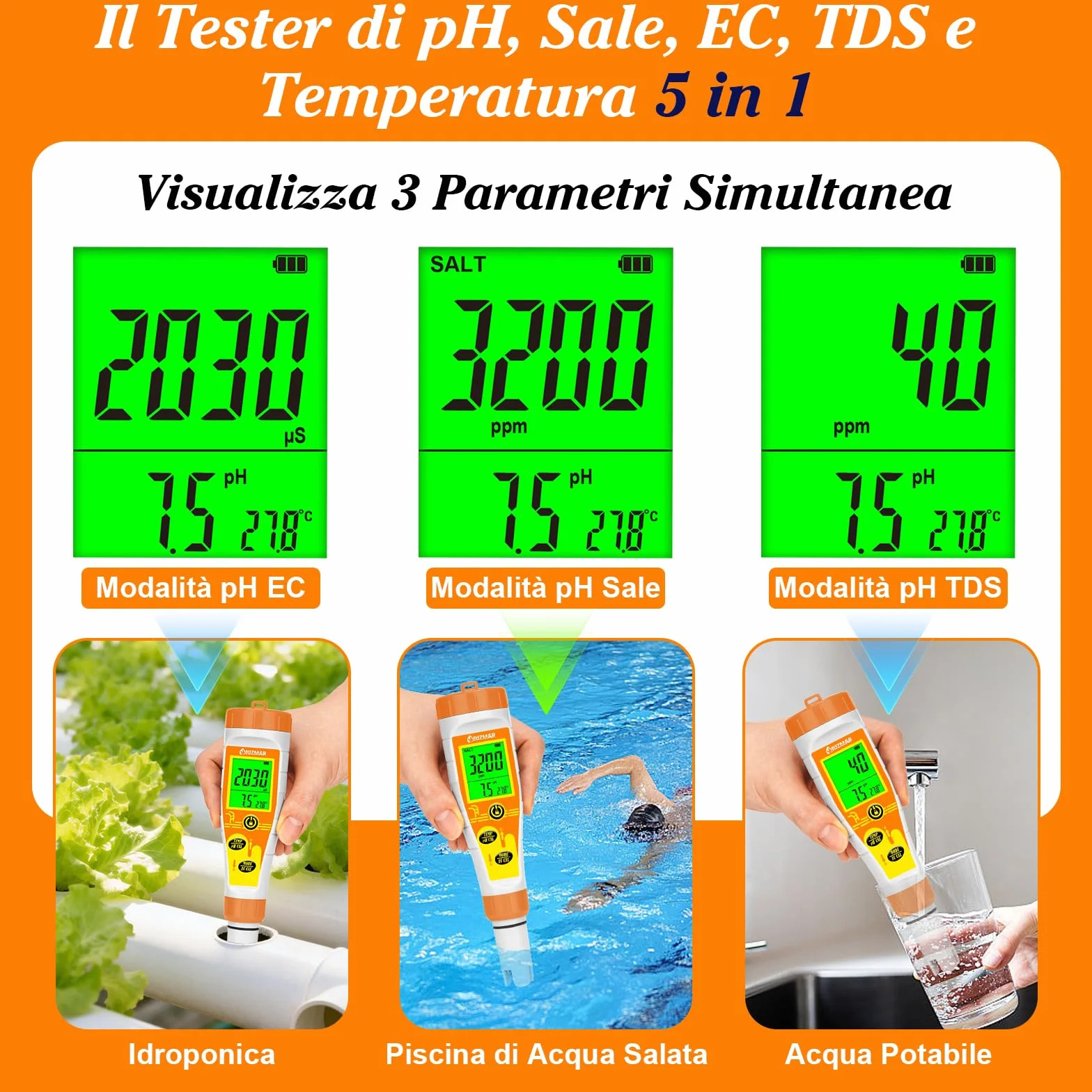 UIUZMAR Misuratore Salinità e pH Acqua, Misuratore pH Sale per Piscina, Misuratore Salinita pH EC TDS Temp 5 in 1 per Acquario Marino, Piscina Salata, Acqua Potabile, Idroponica