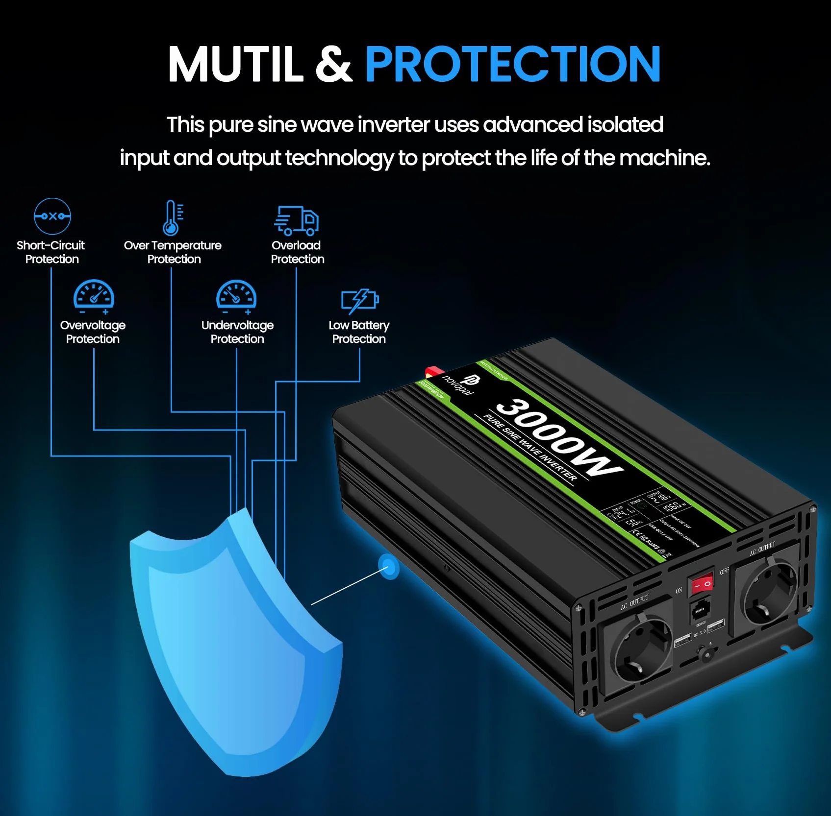 Novopal 3000W Onda Sinusoidale Pura Power Inverter DC 24V in AC 220V con Display LCD Codici di Errore,2 EU Presa con USB QC3.0 18W,5M di Telecomandoper per Camion Camping Macchina da Caffè
