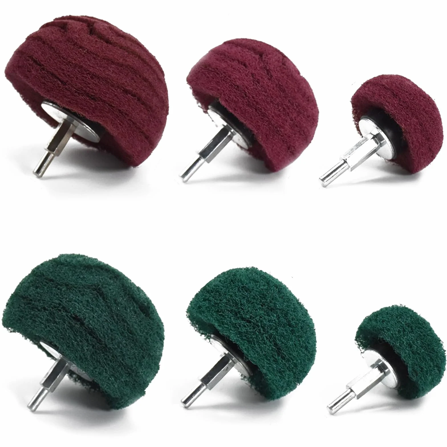 Testina abrasiva per lucidatura, spugna abrasiva modellata, set da 6 pezzi verde e rosso non tessuto, con manico da 1/4 pollici per collettore/alluminio/acciaio inossidabile/cromo