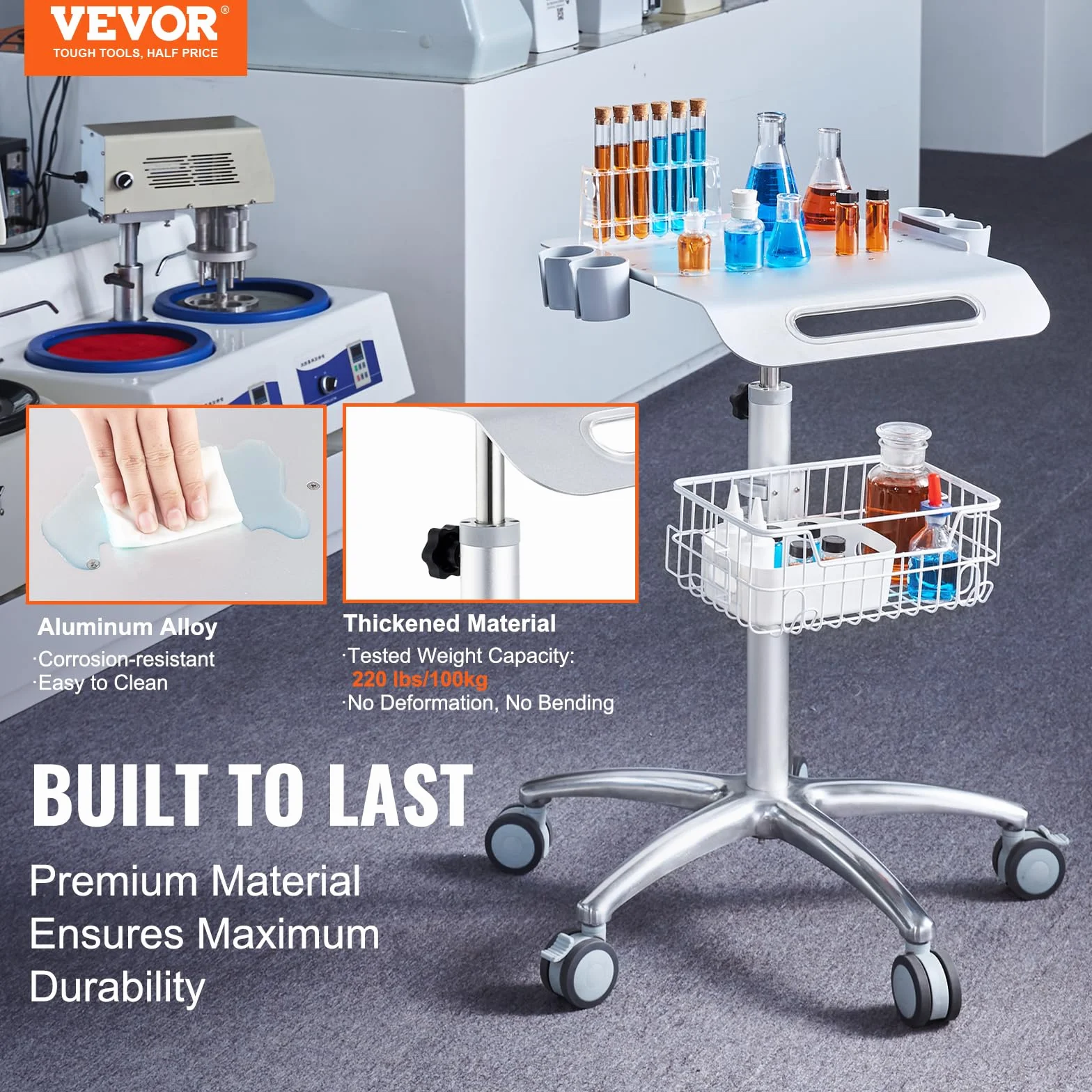VEVOR Carrello da Laboratorio 42x40cm Carrello Medico Regolabile da 75 cm a 105 cm Il Carrello Regolabile Per Laboratorio