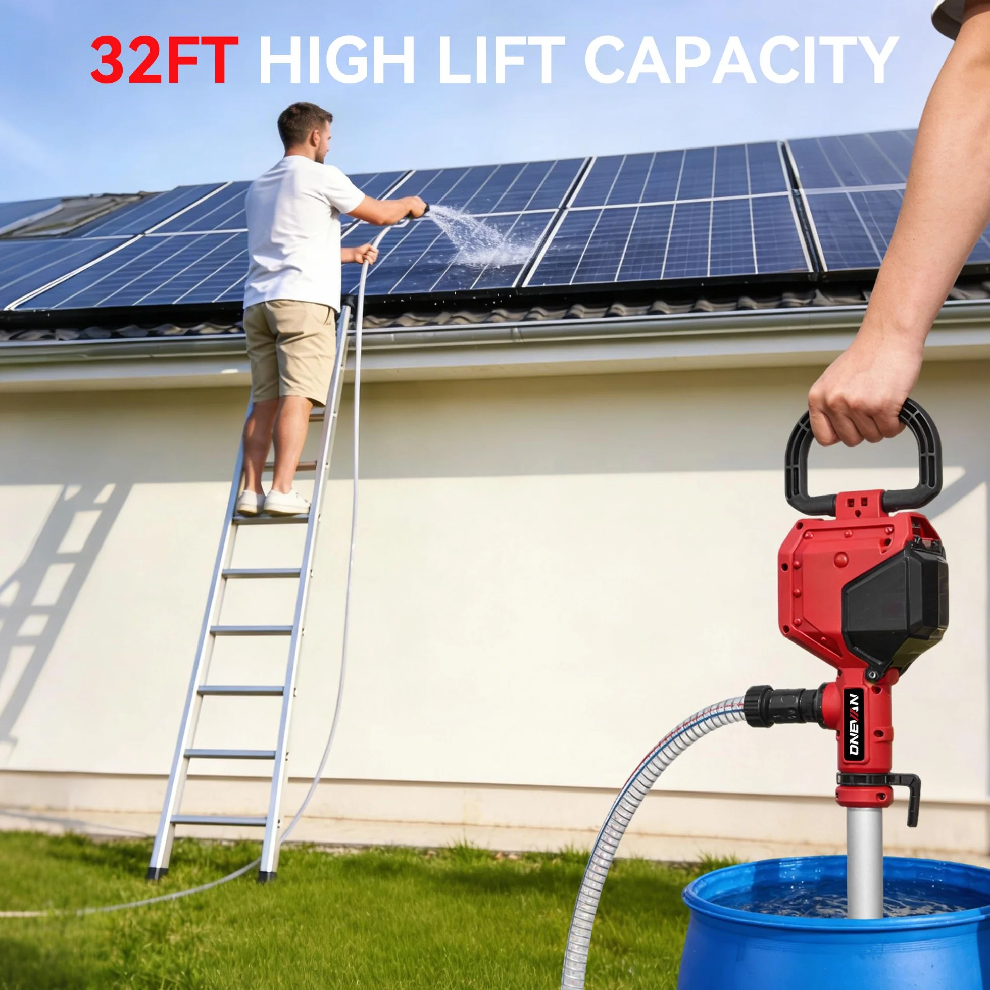 ONEVAN Pompa dell'acqua a batteria con asta telescopica, senza spazzole, senza fili, 21 V, 10 m, portata 2740 l/h, tubo da 2 m, 2 batterie da 3000 mAh, per giardino, piscina, acqua piovana