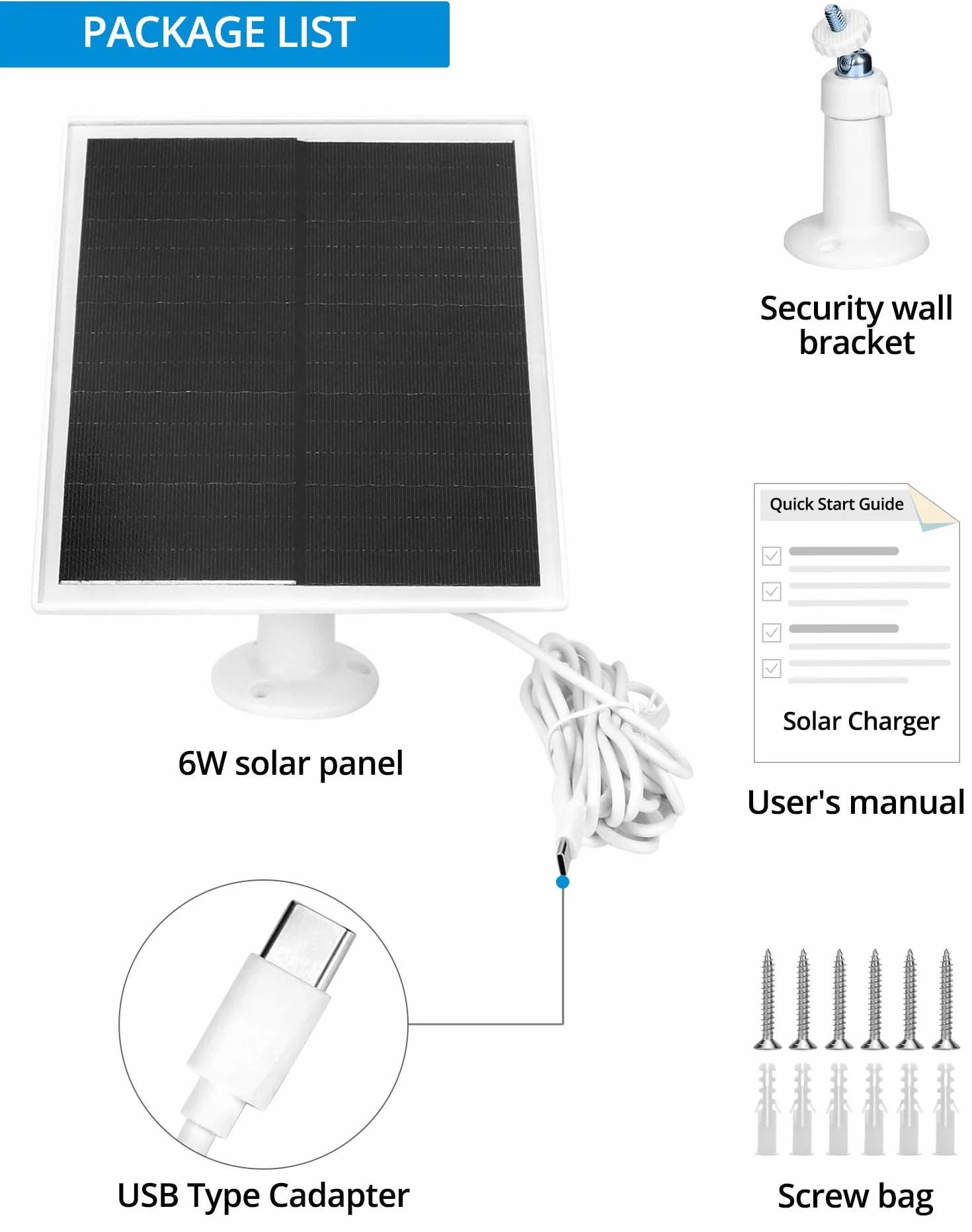 QWORK® Pack da 2 moduli solari da 6 W per telecamere di sorveglianza da esterno, tasso di conversione elevato del 24%, impermeabile IP65, con cavo USB da 3 m e staffa di montaggio a 360°
