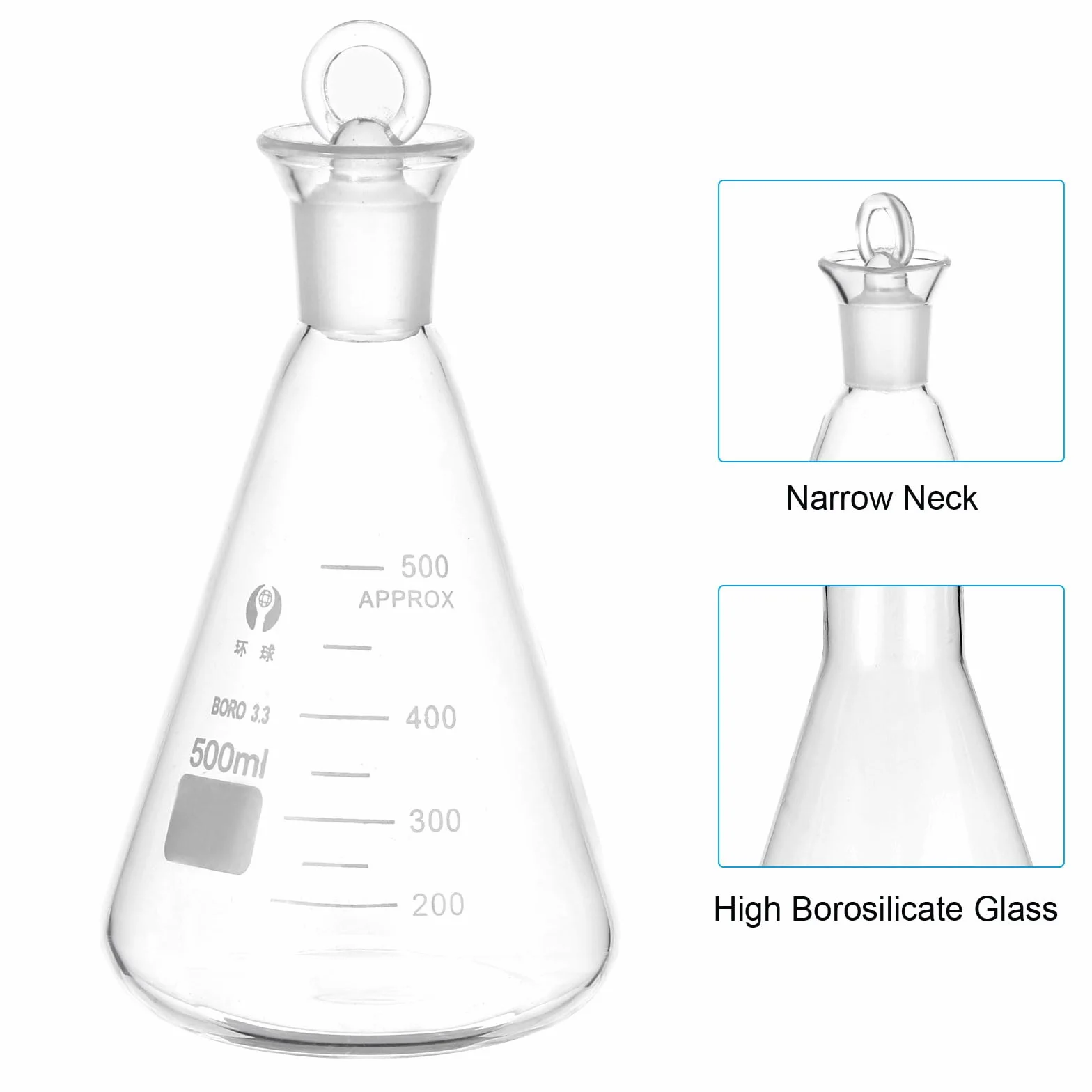 PATIKIL Pallone Di Erlenmeyer 2 Pezzi 500ml 16.9oz Bocca Stretta Con Tappo In Vetro Palloni Graduati In Vetro Borosilicato Con misura Stampata Per Esperimenti Di Chimica Scienza