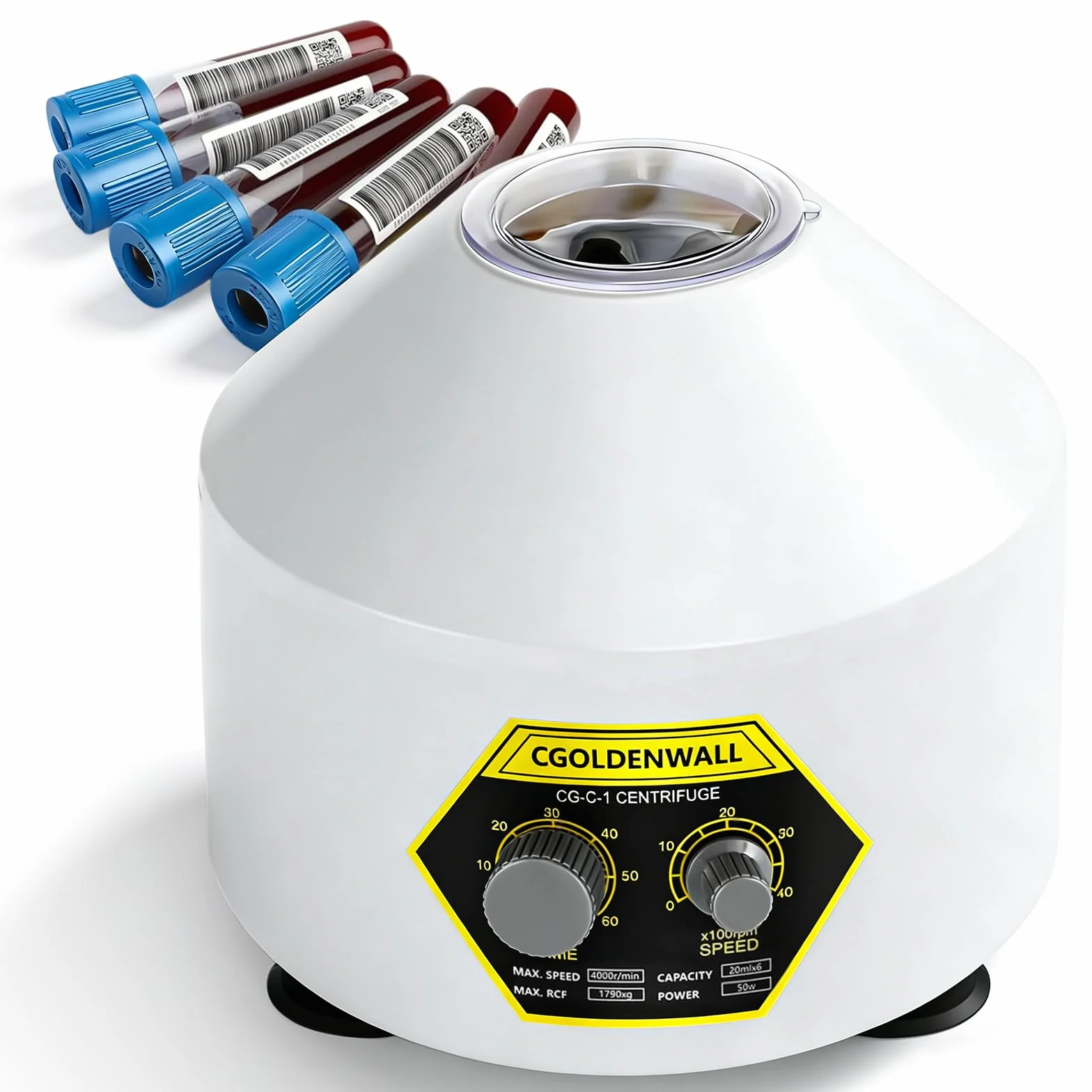 CGOLDENWALL Centrifuga da Laboratorio Elettrica al Plasma da 20ml*6 Capacità Provetta da Centrifuga Forza Centrifuga Relativa Massima 1790xg Velocità Massima 4000rpm Timer 0-60 Min