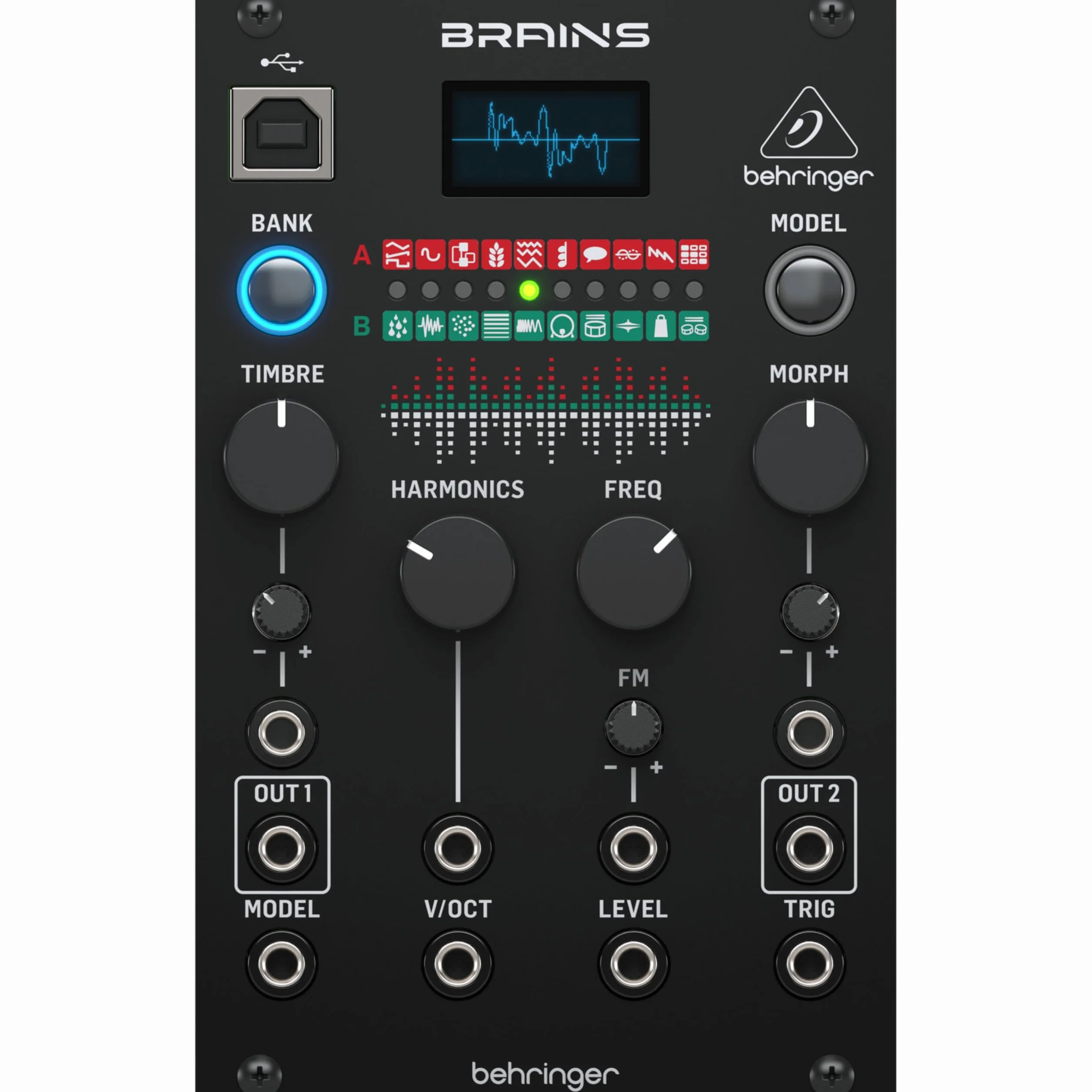 Modulo oscillatore multimotore ad alta risoluzione Behringer BRAINS per Eurorack con 20 motori di sintesi, qualità del suono a 96 kHz e oscilloscopio OLED