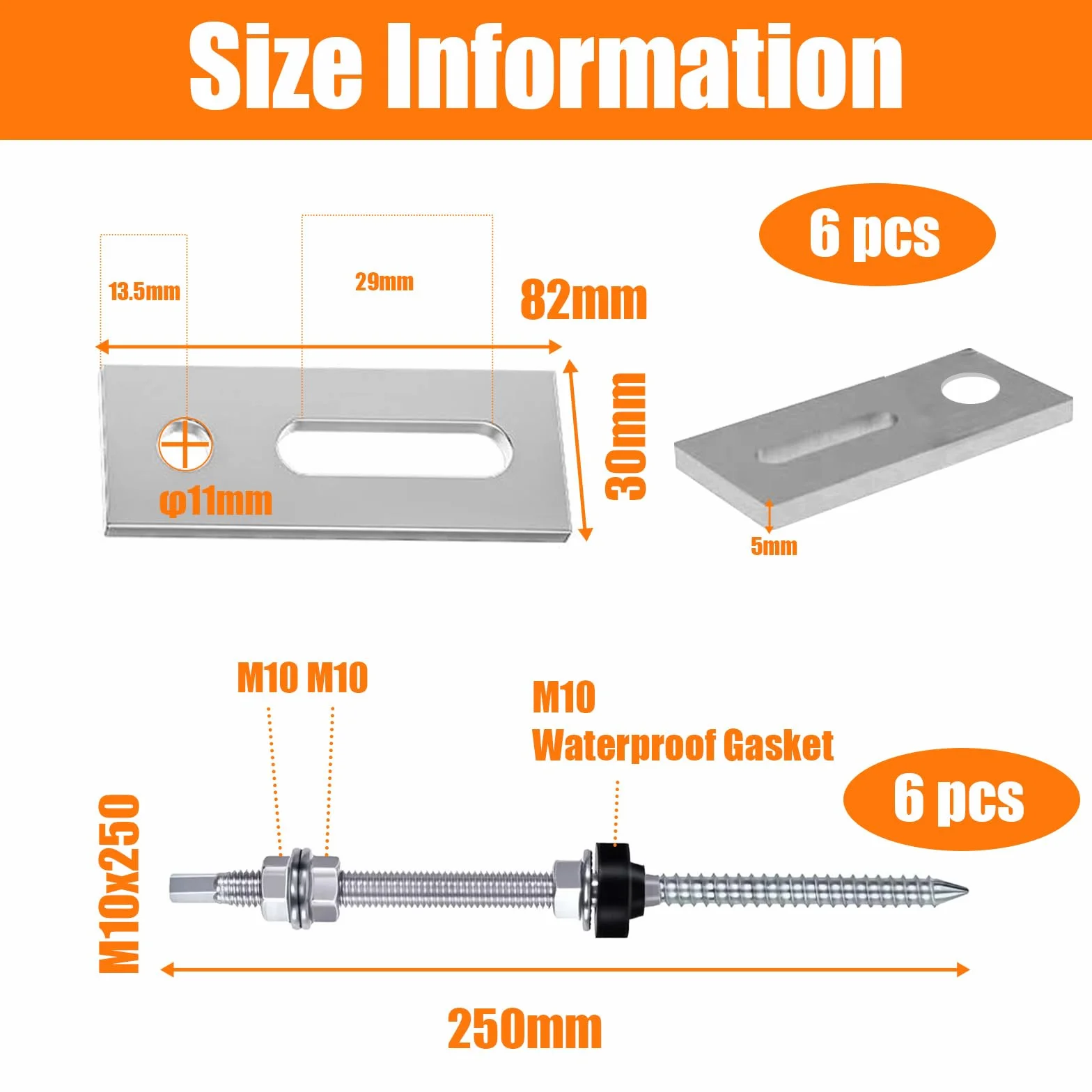 6 Pezzi M10 x 250mm Viti Prigioniere Doppia con 6 Guarnizione, Bulloni Sospesi Acciaio Inox, Tasselli per Altezza Regolabile Fissaggio Tetti Edifici, Pannelli Solare, Fotovoltaico, Impianto PV