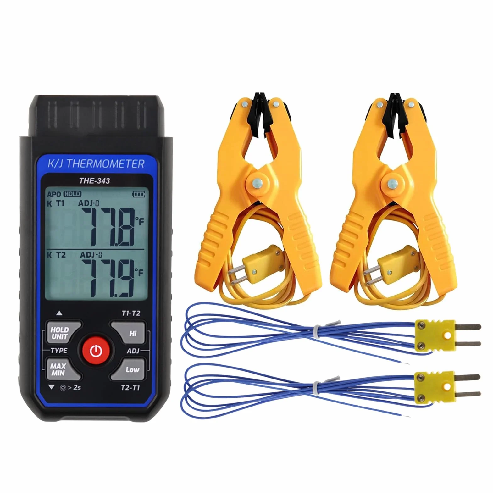 Termometro Digitale a Termocoppia HVAC con 2 Pinze Termometriche e 2 Sonde Cablate, Doppio Canale Allarme Compensazione ADJ (-328~2500℉)