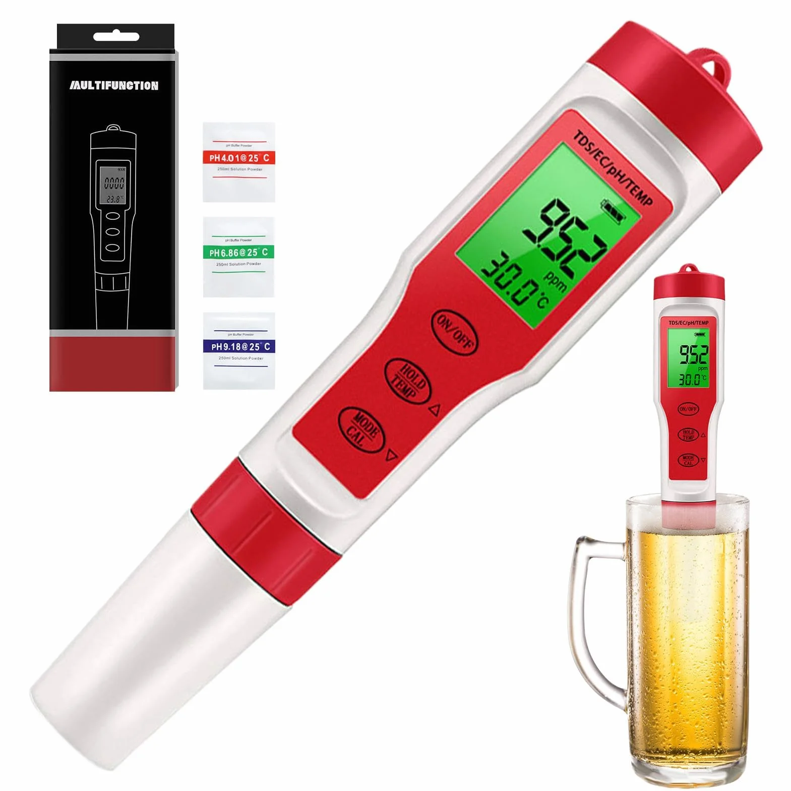 PH Reader per acqua, Water PH Tester, Elevata precisione 4 in 1 PH Digital PH METER, Misuratore di temperatura EC, strumento di test per i nutrienti che coltivano il giardinaggio idroponico
