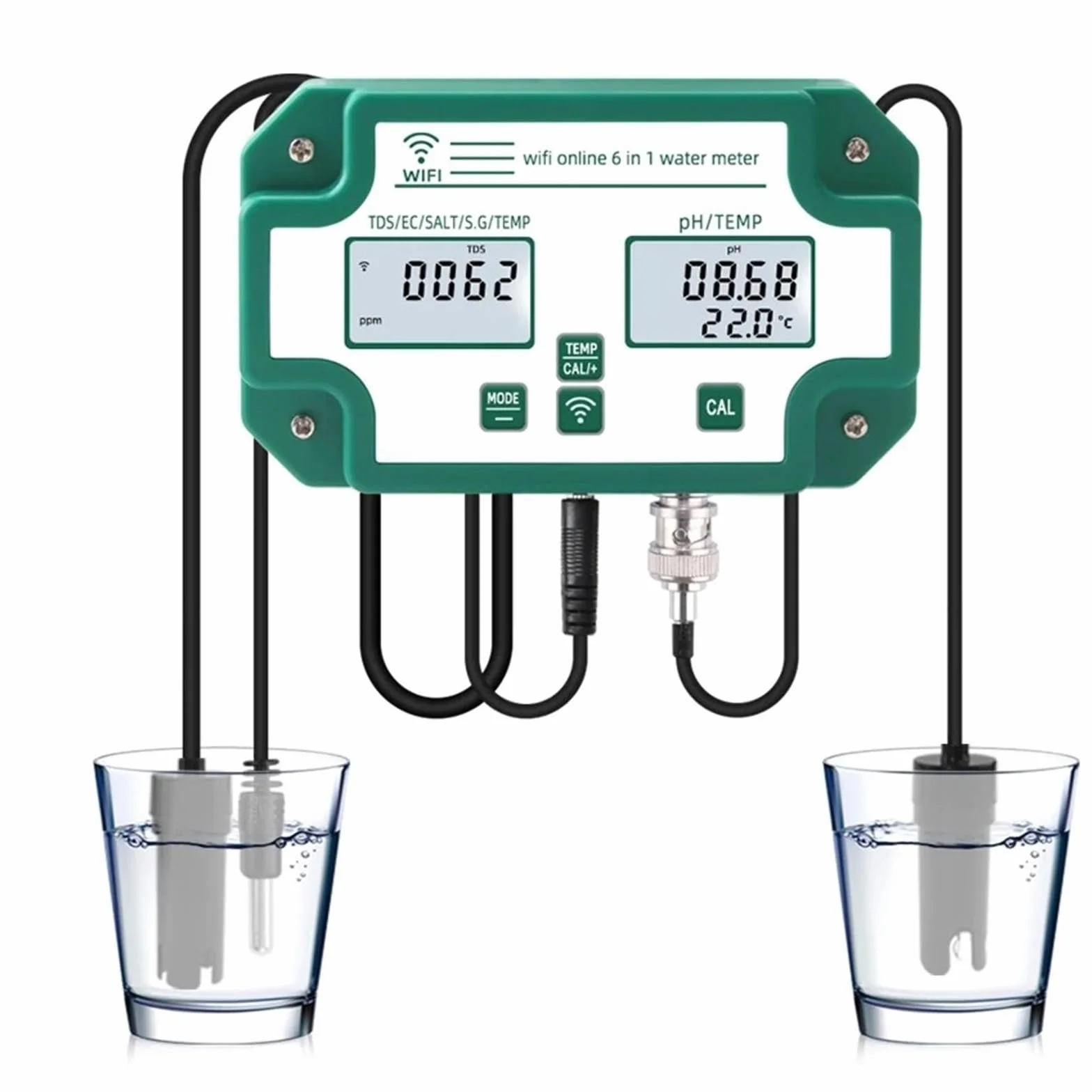 Misuratore di qualità acqua WiFi digitale PH EC TDS SALT SG.Temp, monitor intelligente multifunzione 6 in 1, controllo tramite APP,Multifunzionale
