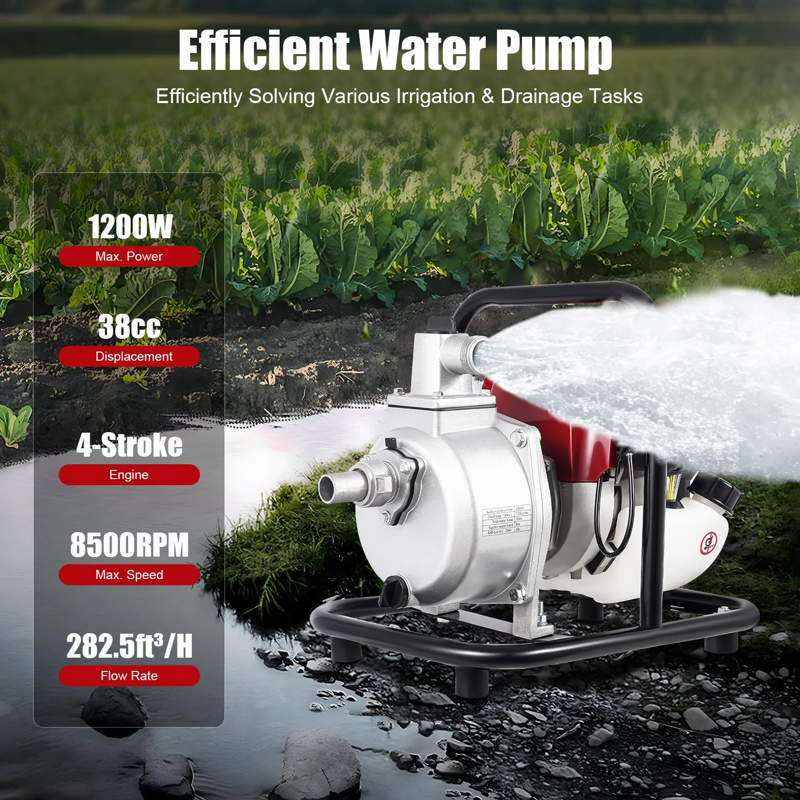 Pompa dell'acqua a 4 tempi 38 CC a benzina da giardino pompa acqua sporca 1 pollice pompa per laghetto pompa per irrigazione motore a benzina per irrigazione, trasporto dell'acqua 1,2 kW,