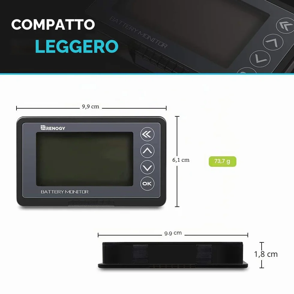 Renogy Batteria 500 A 12 V/24 V/36/48 V, monitor batteria ad alta precisione con allarme programmabile per alta tensione e bassa, compatibile con LiFPO4, AGM, sigillato, gel, batterie bagnate per