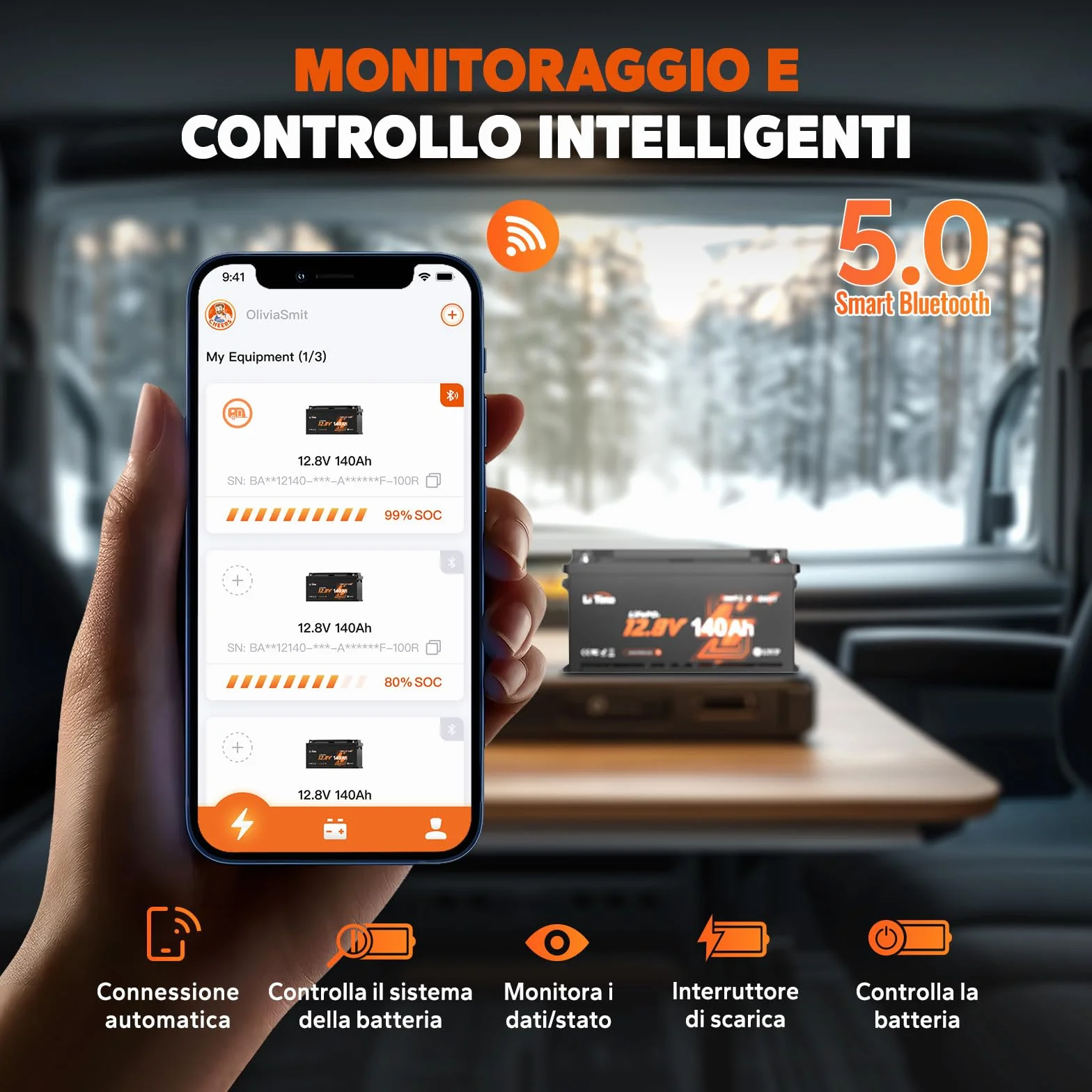LiTime Batteria al Litio 12V 140Ah H190 per Camper, Batteria LiFePO4 12V con Bluetooth, 4000-15000 Cicli Profondi, Energia 1920Wh, Perfetta per RV, Furgone Camperizzato, Impianto Solare, Barche