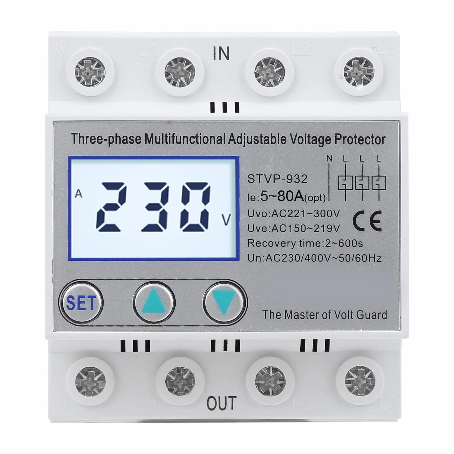 Protezione di Tensione Regolabile LCD Trifase Multifunzione Ripristino Automatico 230 V/400 V CA Protezione da Sovratensione Sottotensione Dispositivo di Protezione Della Tensione(80A)