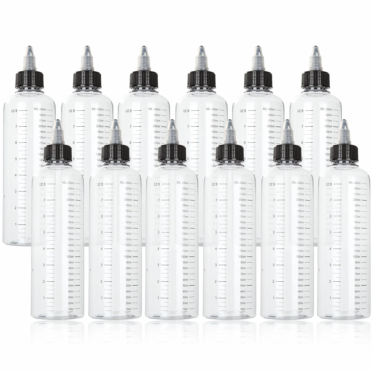 STARVAST 12 bottiglie di distribuzione da 250 ml, graduate con tappo a torsione nero, bottiglie di compressione vuote in plastica con scala per liquidi, inchiostri, oli