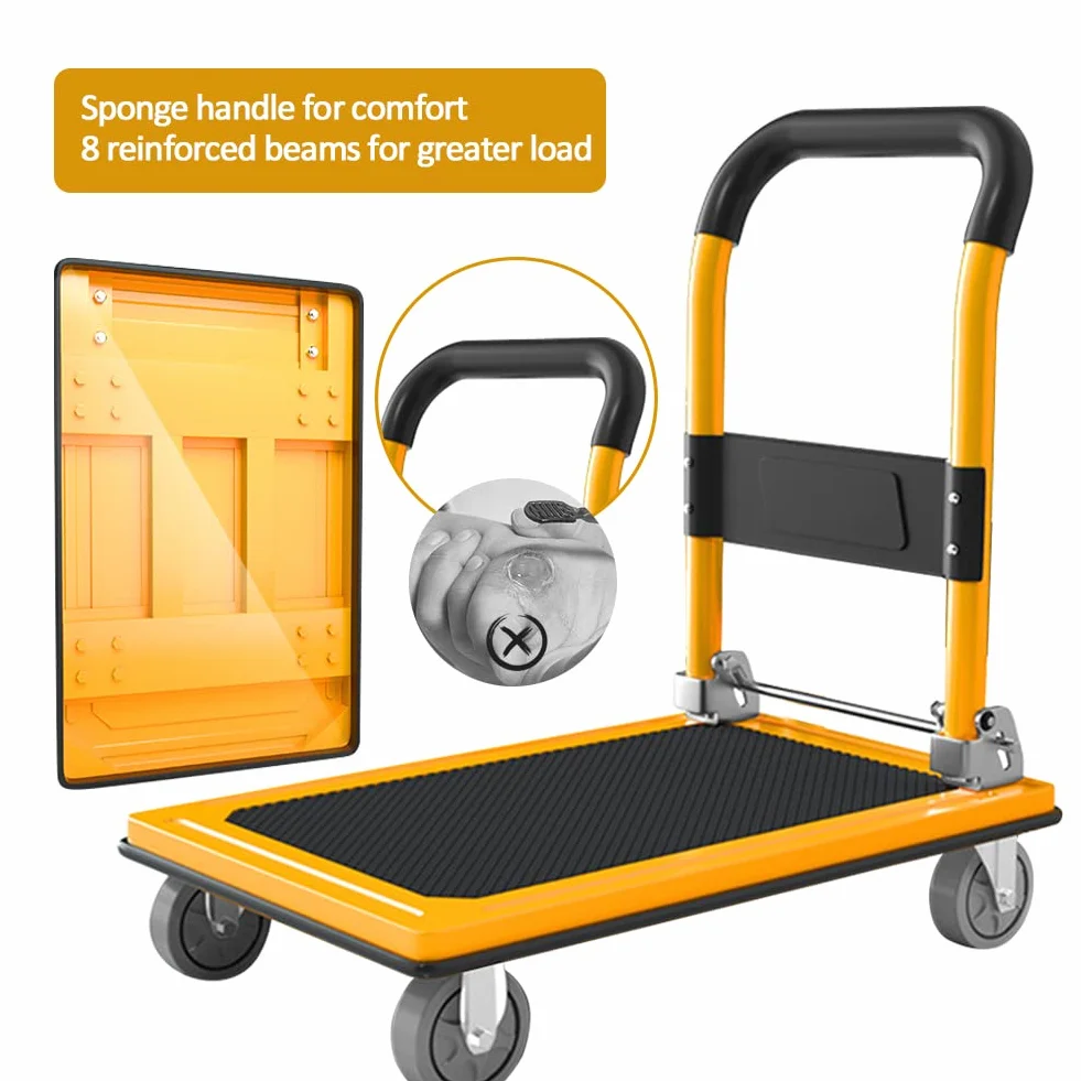 Carrello a Piattaforma Carrello Trasportatore Pieghevole Portata 300 kg 77x50cm Rivestimento Antiscivolo con 360° Ruote Silenziose (Giallo)
