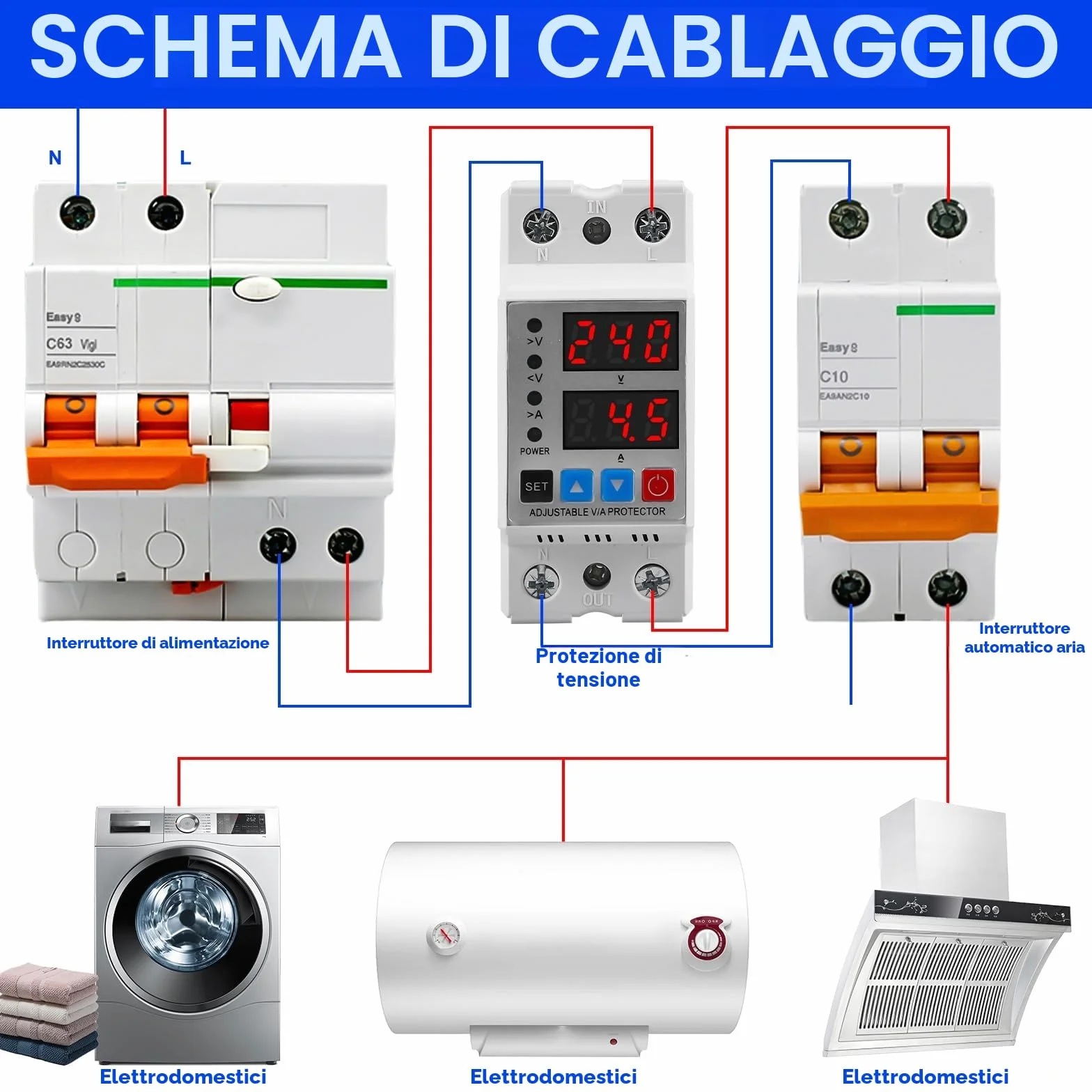 Stabilizzatore di Tensione, Protettore di Sovratensione e Sottotensione Stabilizzatore di Tensione Relè AC230V Automatico di Protezione Sovratensione 2P63A Protezione Sovracorrente
