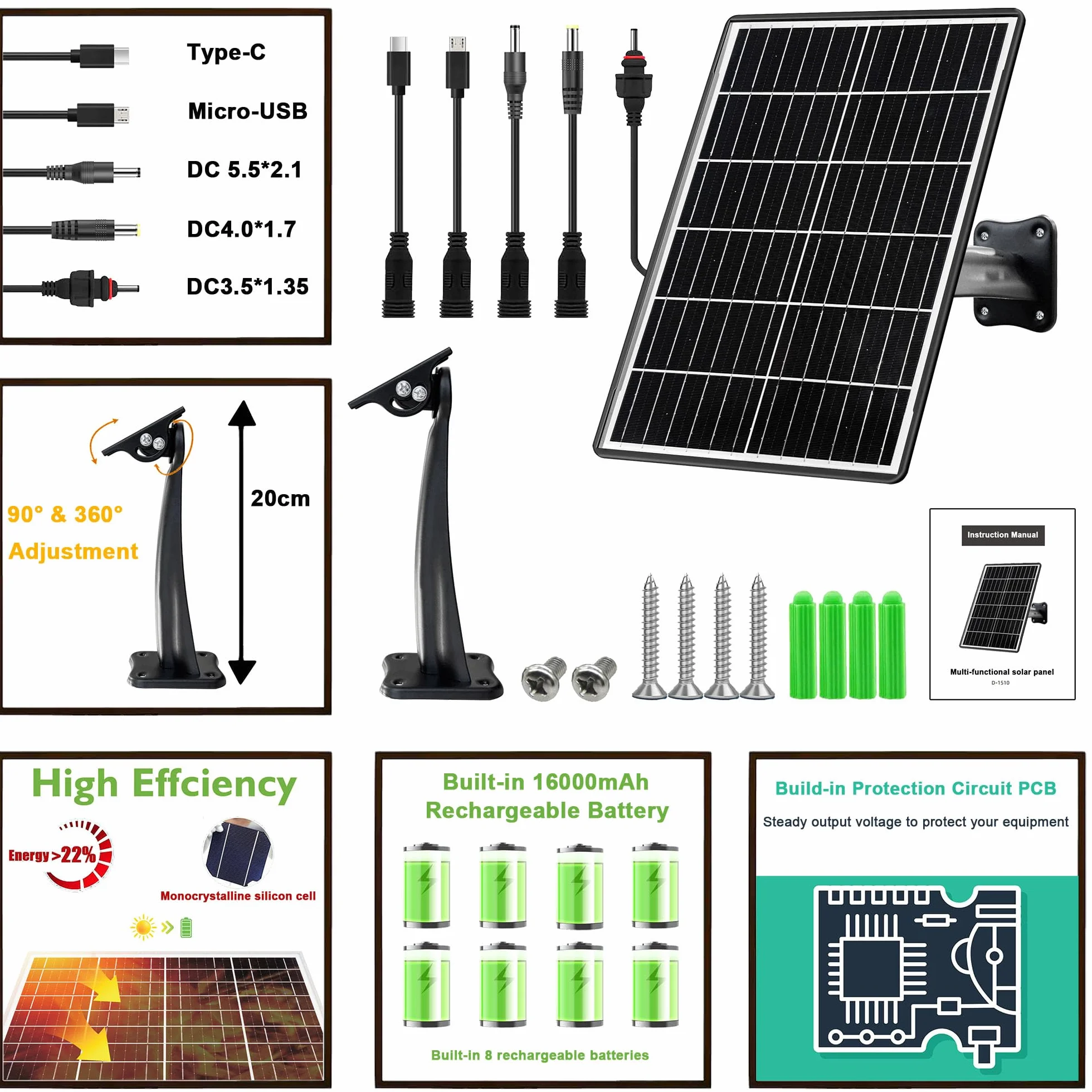 Kit di pannello solare 15 W con batteria integrata 16000 mAh Tensione: 5 V/6 V/9 V/12 V Corrente: 1,5 A Caratteristiche USB-C, Micro-USB e DC 2,1/1,7/1,35 mm Compatibile con tutte le telecamere di