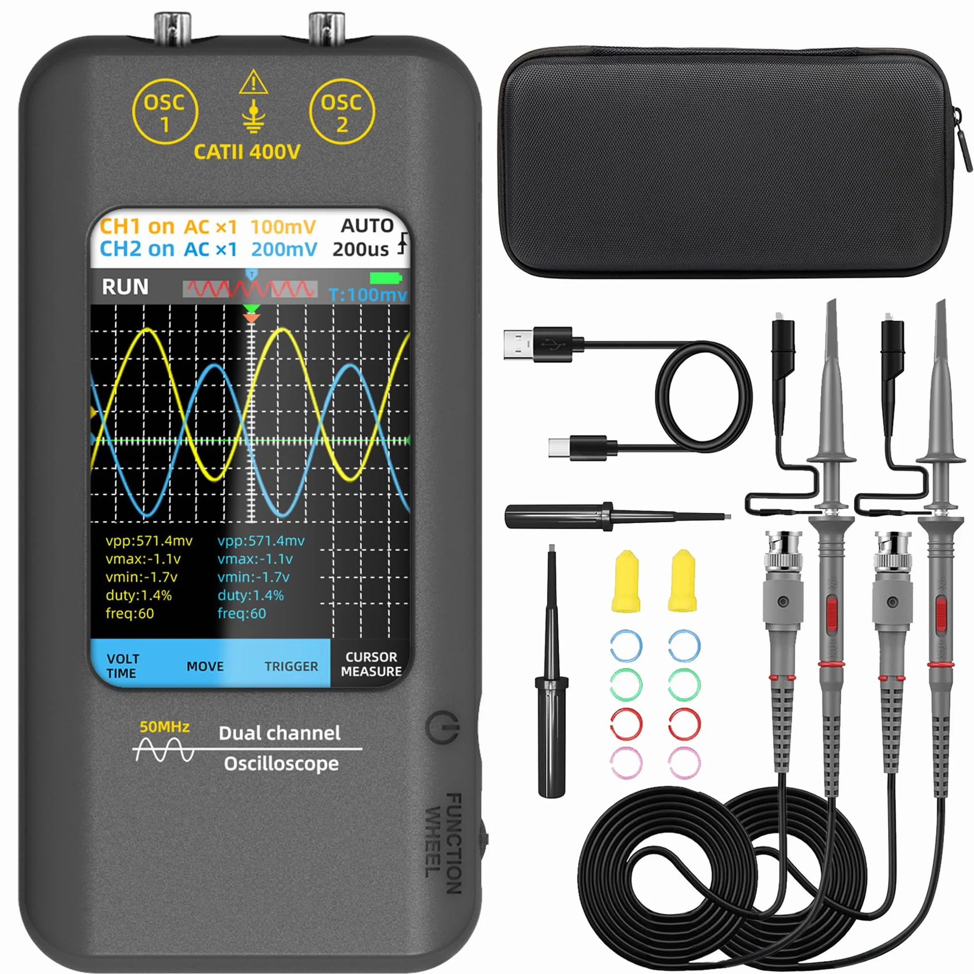 BSIDE Oscilloscopio palmare 3.98'' touch screen oscilloscopio digitale doppio canale 50 MHz larghezza di banda oscilloscopio portatile generatore di segnale 250 MSa/s frequenza di campionamento Tablet
