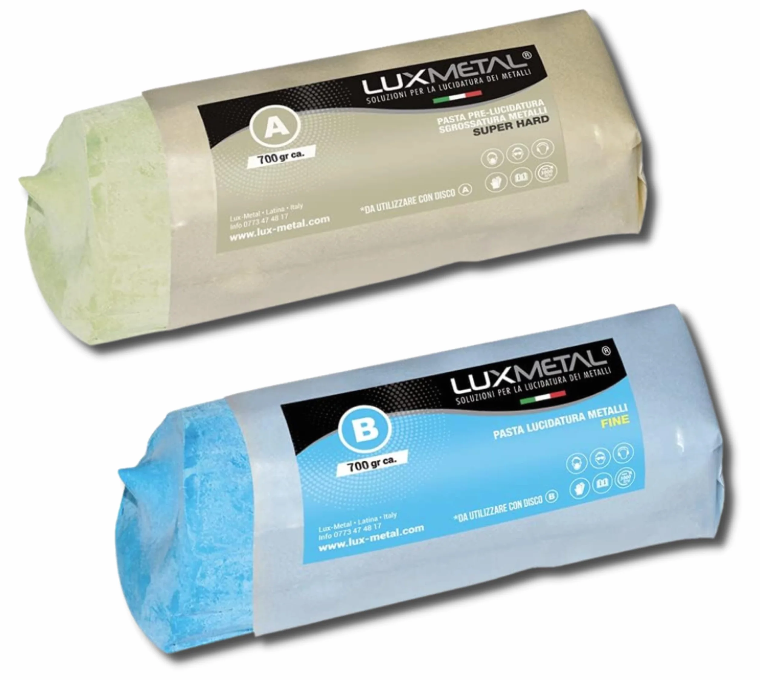 Lux Metal Kit 2 Pasta Abrasiva Lucidante 700 gr (A-B) Set Lucidatura Acciaio Inox Cera Solida Per Lucidare Metalli A Specchio Alluminio Lucida Cromature Legno Plexiglass Marmo Ottone Rame Plastica