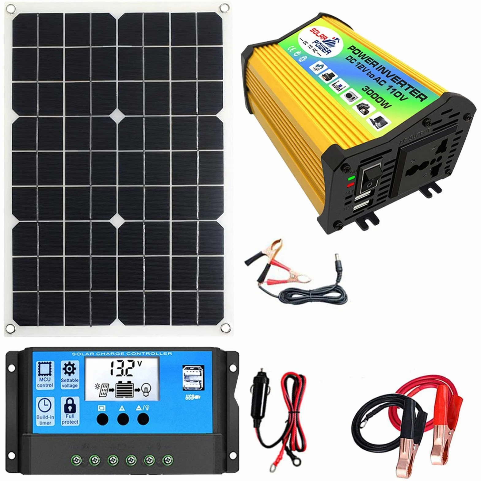Kit pannello solare con batteria e inverter, pannello solare impermeabile | da 3000 W per auto, camper, barca, moto, 148,5 x 78 x 35 mm, kit completo, inverter solare, porte USB a ricarica rapida
