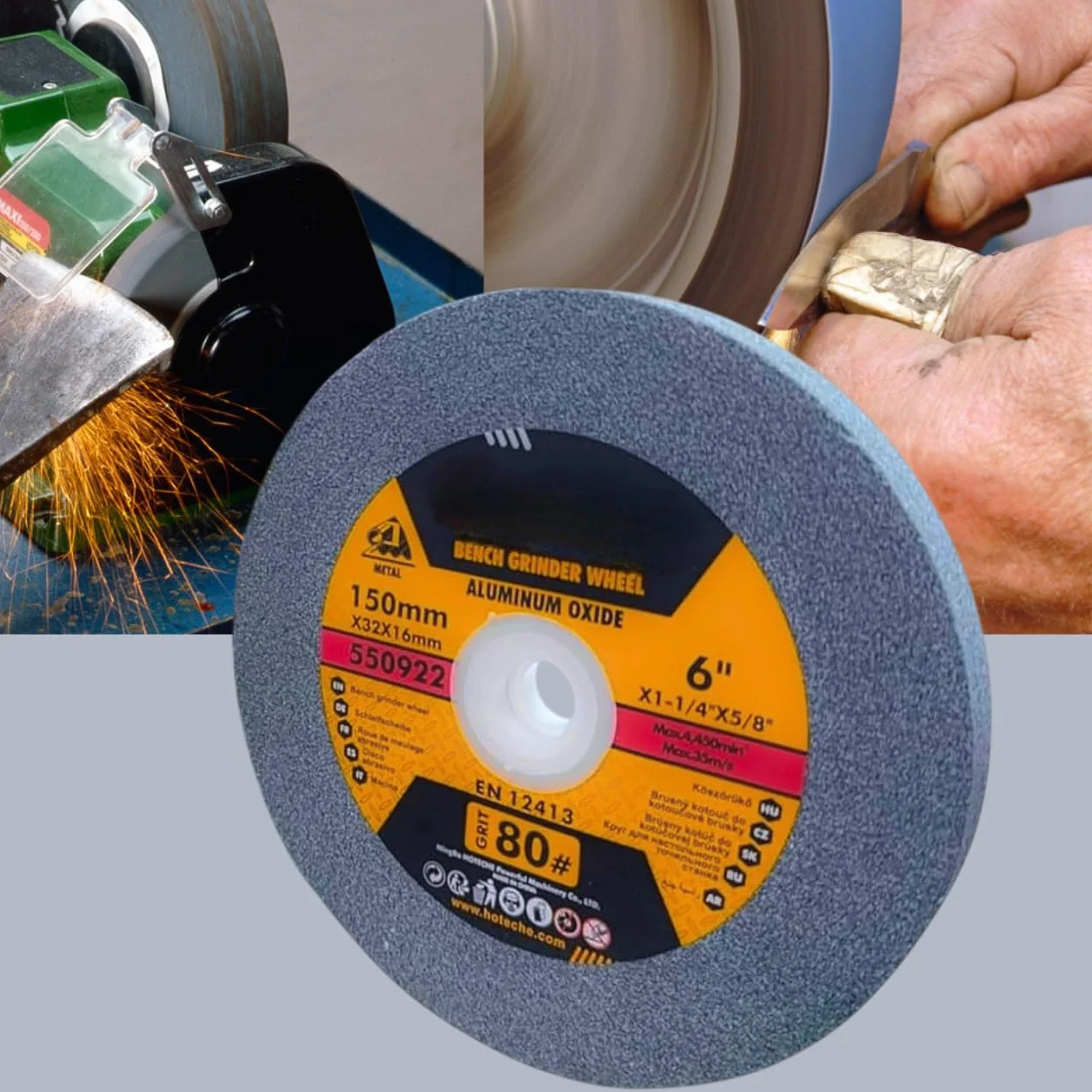 Disco Mola Abrasiva per Smerigliatrice da Banco 150x16 mm Grana 80 Set Professionale 4 Anelli di Riduzione 32-12.7mm