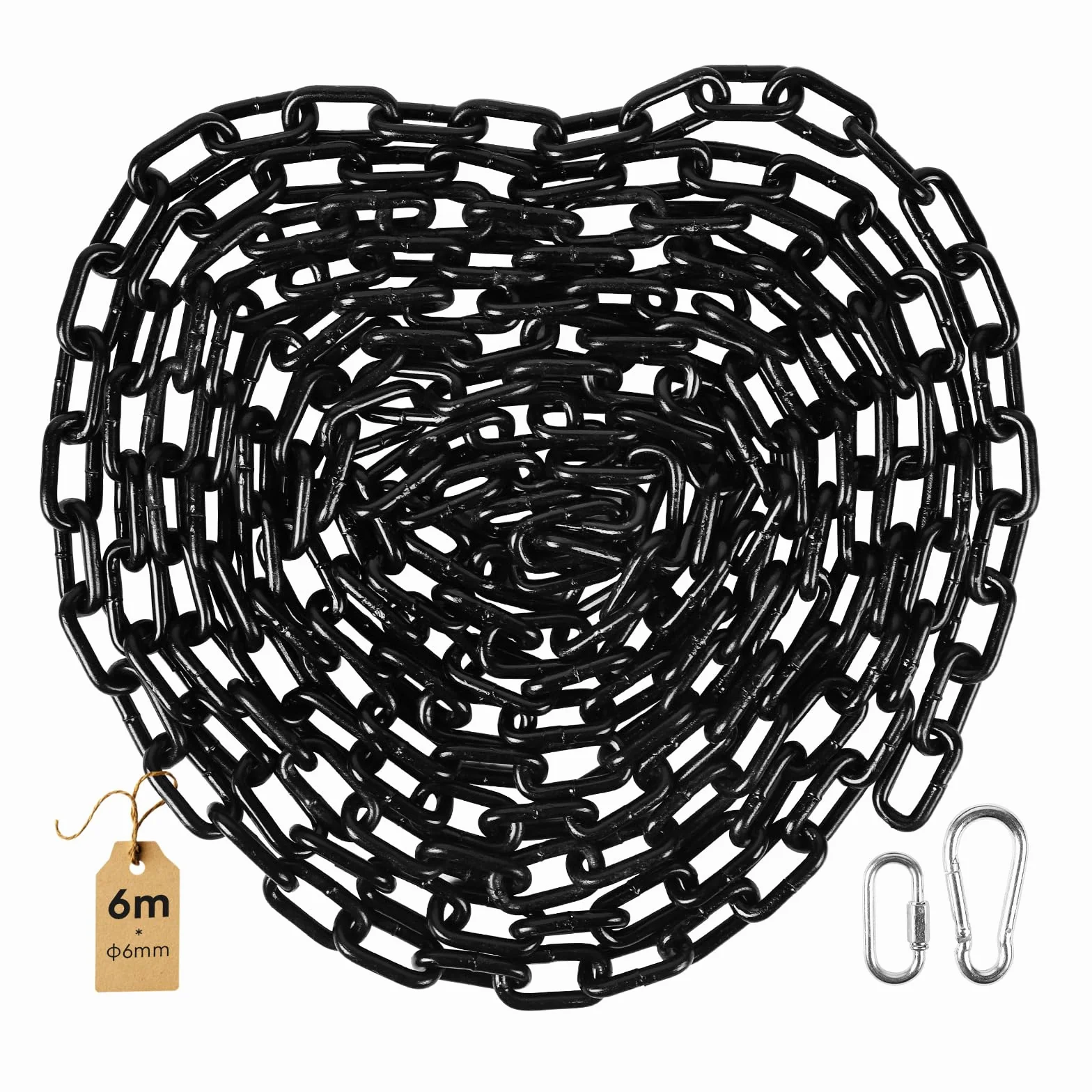 SWAWIS 6m Catena in Acciaio al Carbonio Ø 6mm, con M6 Anello Rapido e Moschettone a Molla, Catena in Metallo per Catene Divisorie, Altalene e Sedie Sospese (Nero)
