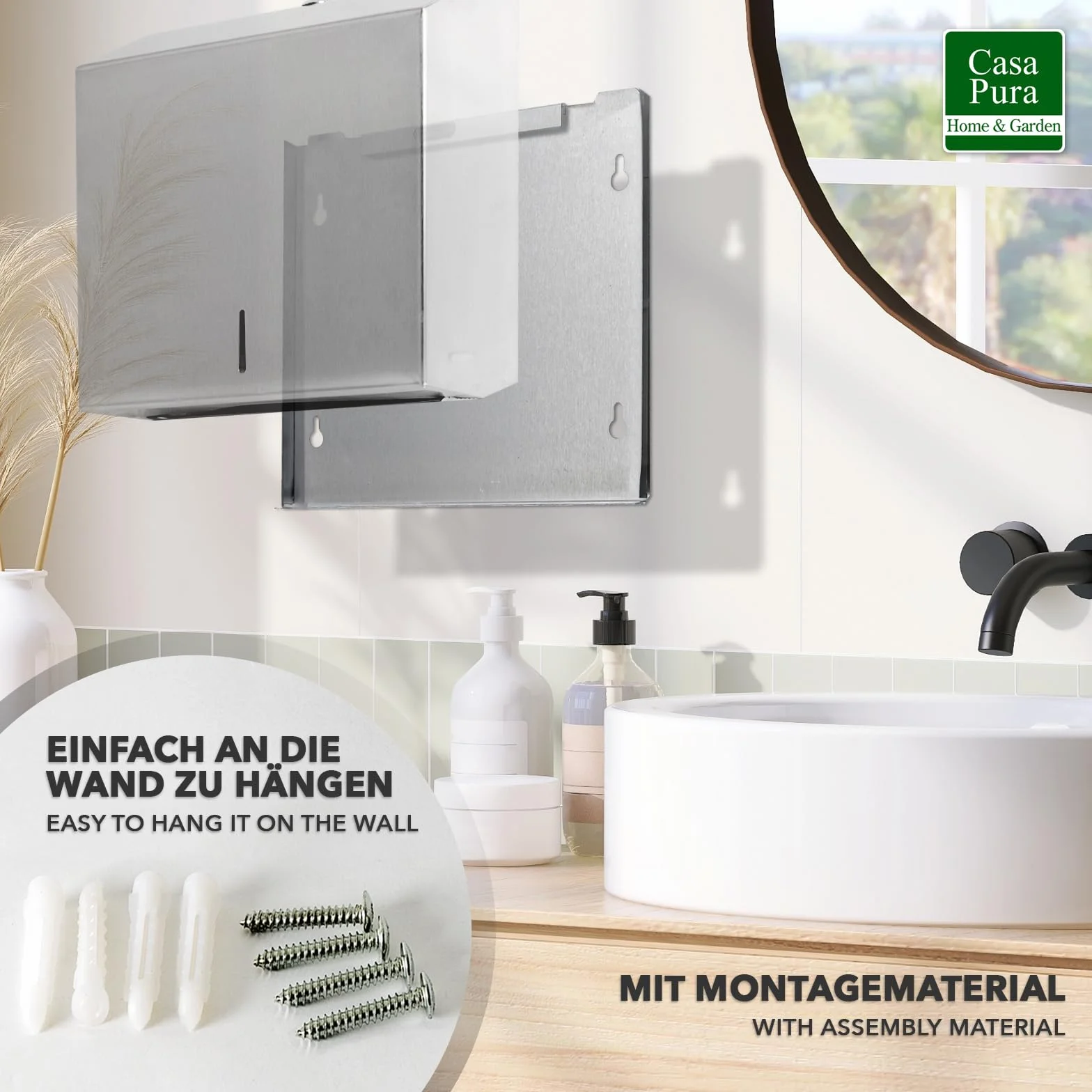 Dispenser di carta in acciaio inox chiudibile per 350-550 asciugamani con chiavi e materiale di montaggio