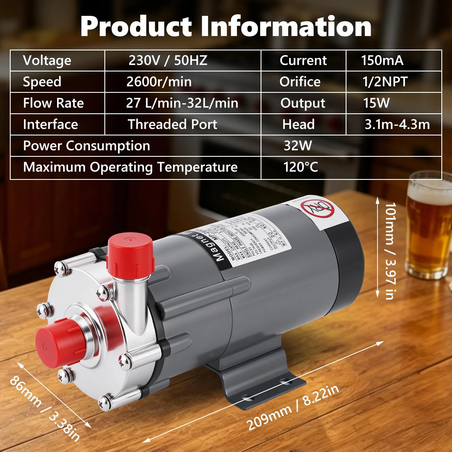 MXBAOHENG Pompa Magnetica per Birra 15 W Pompa a trasmissione magnetica Pompa per birrificazione domestica con testa in acciaio inox Resiste a temperature 120 °C per liquidi come malto, bevande, acqua