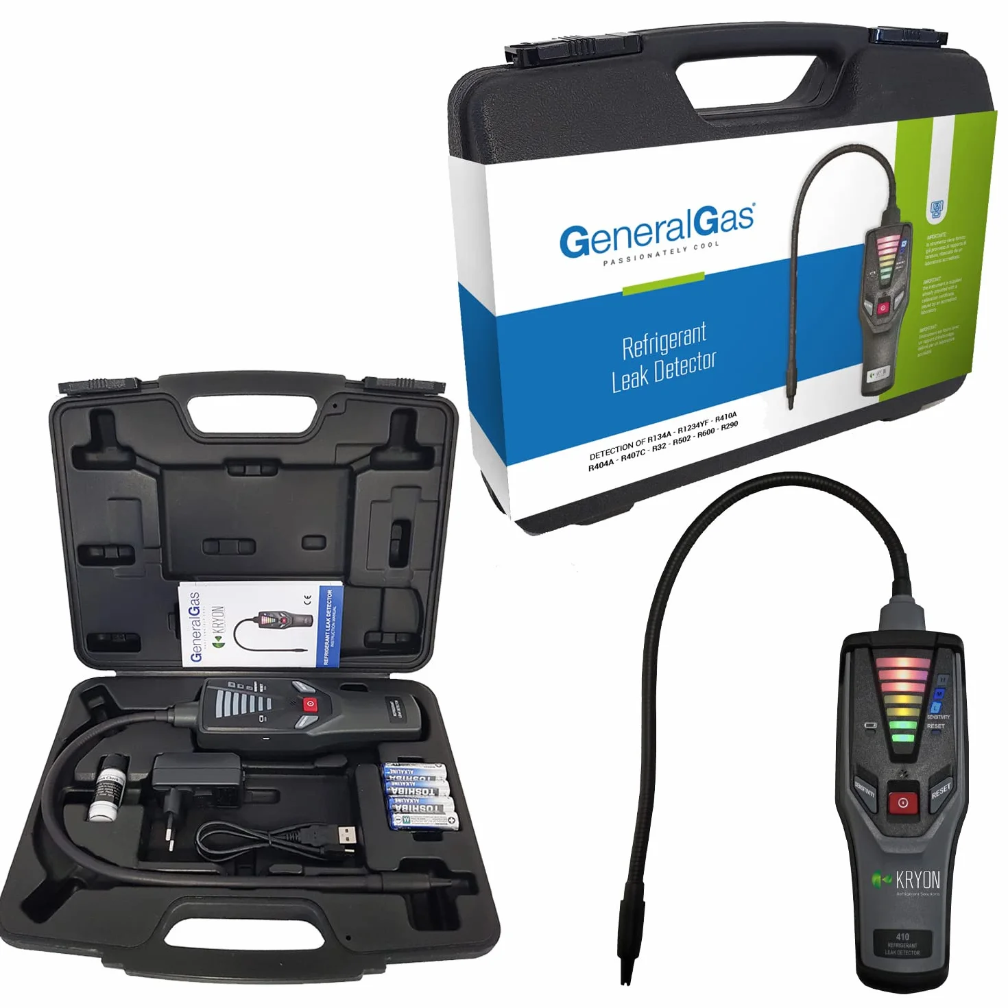 Cercafughe elettronico gas refrigerante, universale per Gas Refrigeranti HFC e HFO, 1234yf, miscele azoto-idrogeno, R290 e R600a, Rapporto di taratura incluso