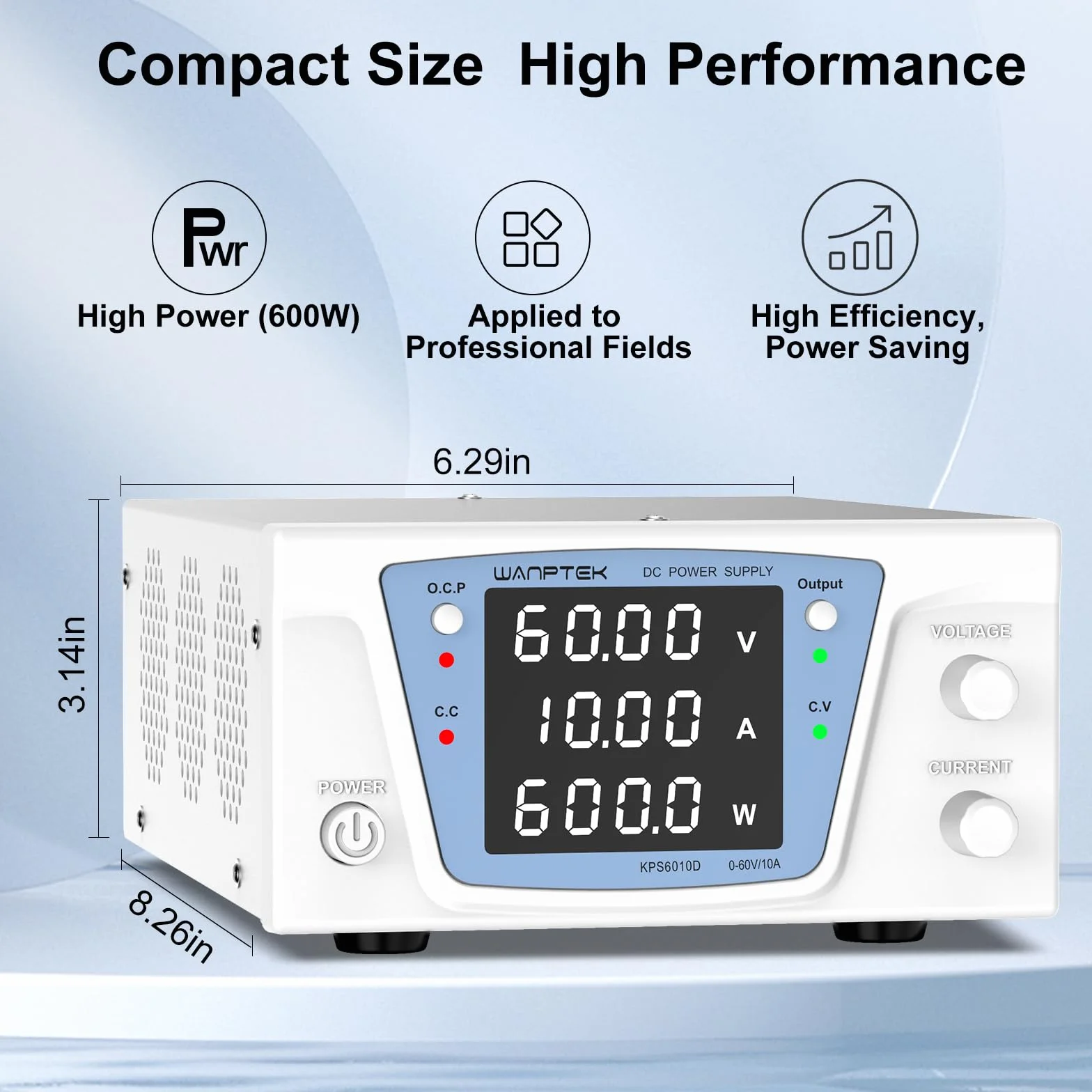 Alimentatore da Laboratorio 60V 10A 600W, Alimentatore da Banco DC Regolabile ad Alta Potenza, Display LED 4 Cifre ad Alta Precisione, Controllo Encoder e Pulsante Output