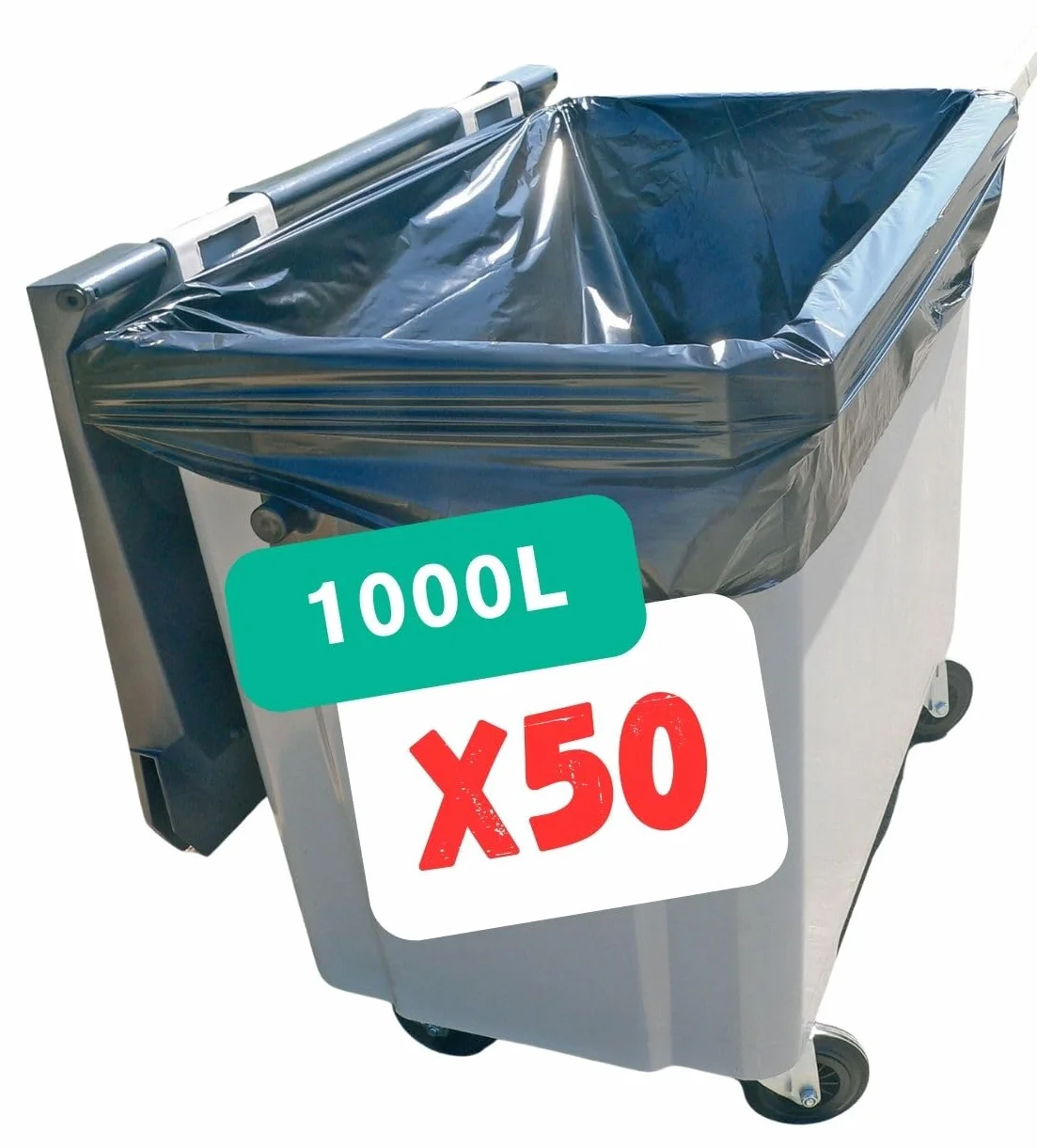 Sacchetto della spazzatura 1000-1100 L | Copertura protettiva contenitore per immondizia 4 ruote 1000 litri (X50) | Nero opaco | Spessore 30µ | Alta Resistenza - Anti perdite e anti sporco