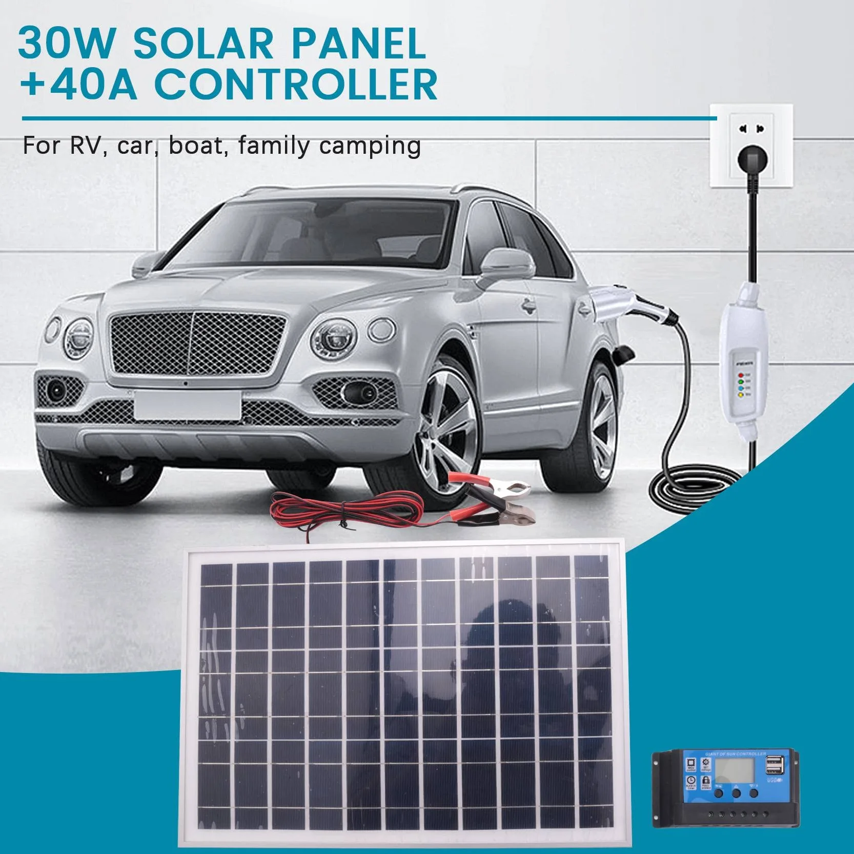 Tlilyy Caricabatteria da Pannello Solare da 30W 12V + Controller 40A per, Barca, Casa,