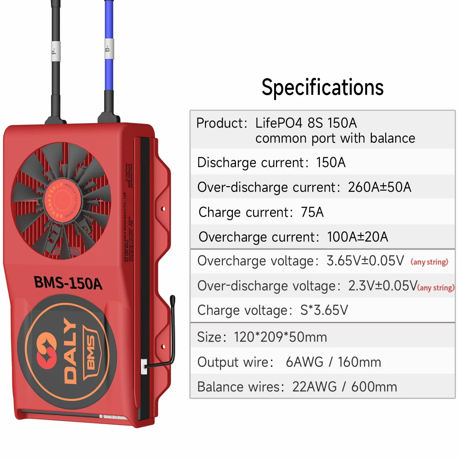 LiFePo4 8S 24V 150A DALY BMS con ventola di raffreddamento, porta comune, cavo di bilanciamento, sensore di temperatura per protezione da carica e scarica del pacco batteria al litio da 3.2V nominale