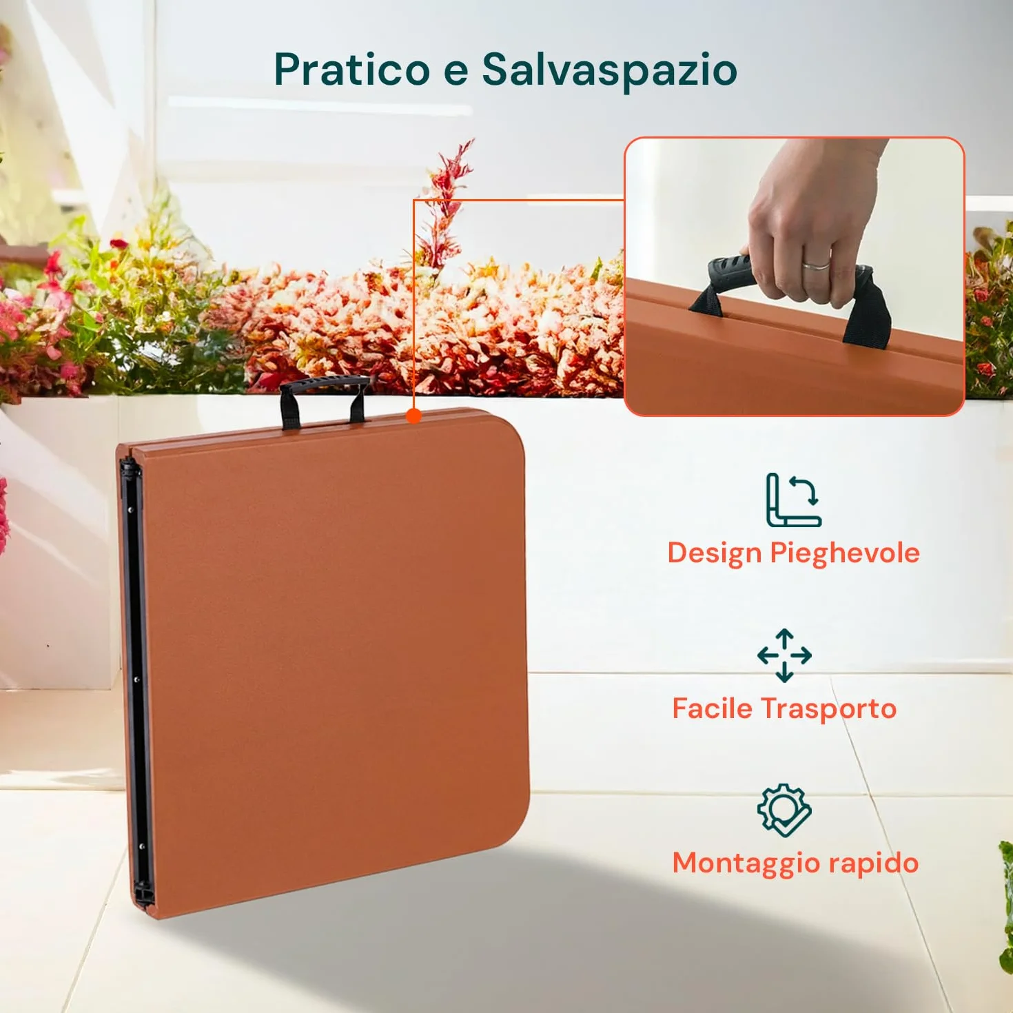 Avilia Tavolo Pieghevole da Pranzo Salvaspazio in HDPE per 6 Persone 180x70x74 cm Marrone