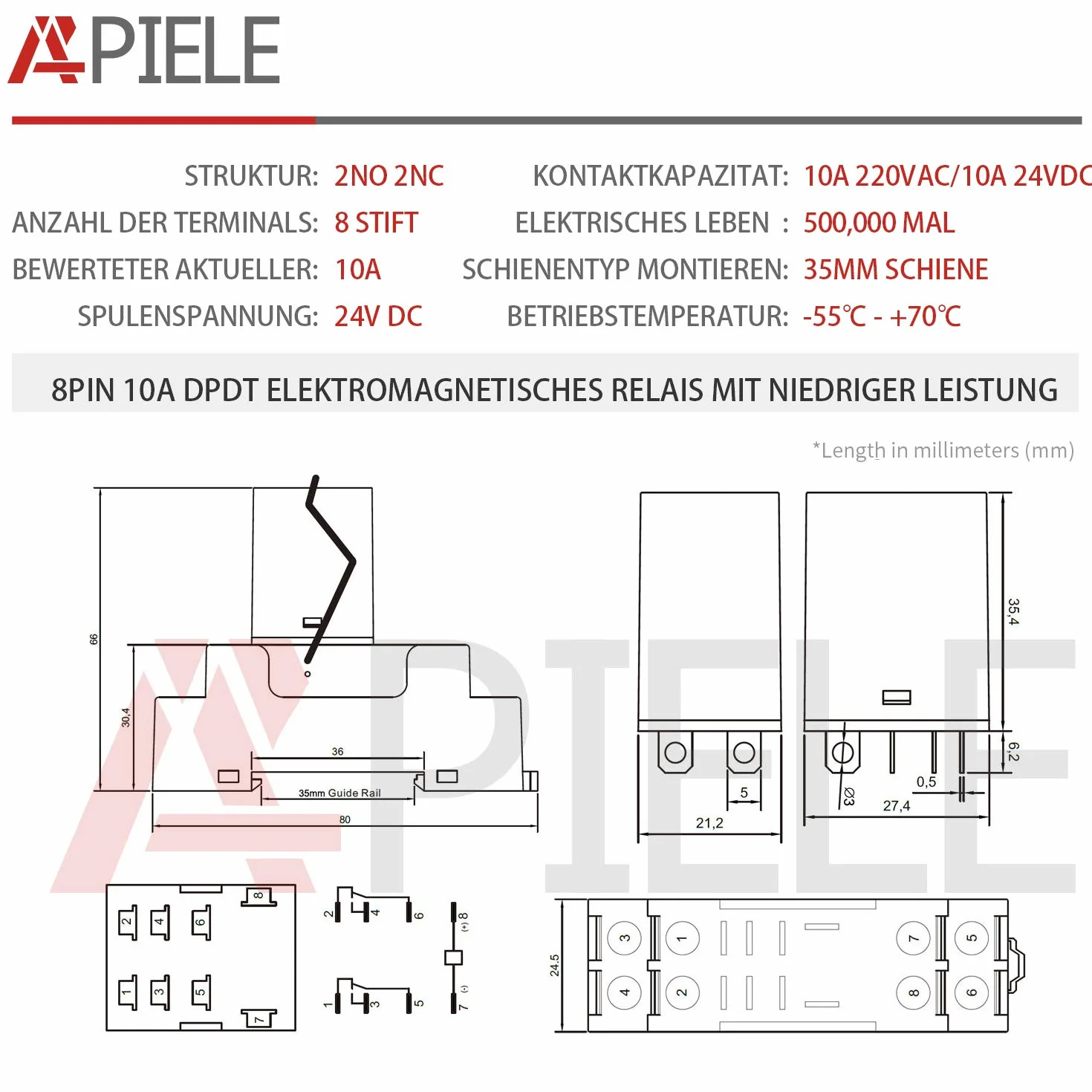 APIELE Relè elettromagnetico di potenza MY2NJ HH52P bobina 2PDT 2NO+2NC 8 pin 10 A con spia luminosa con attacco (24 VDC)