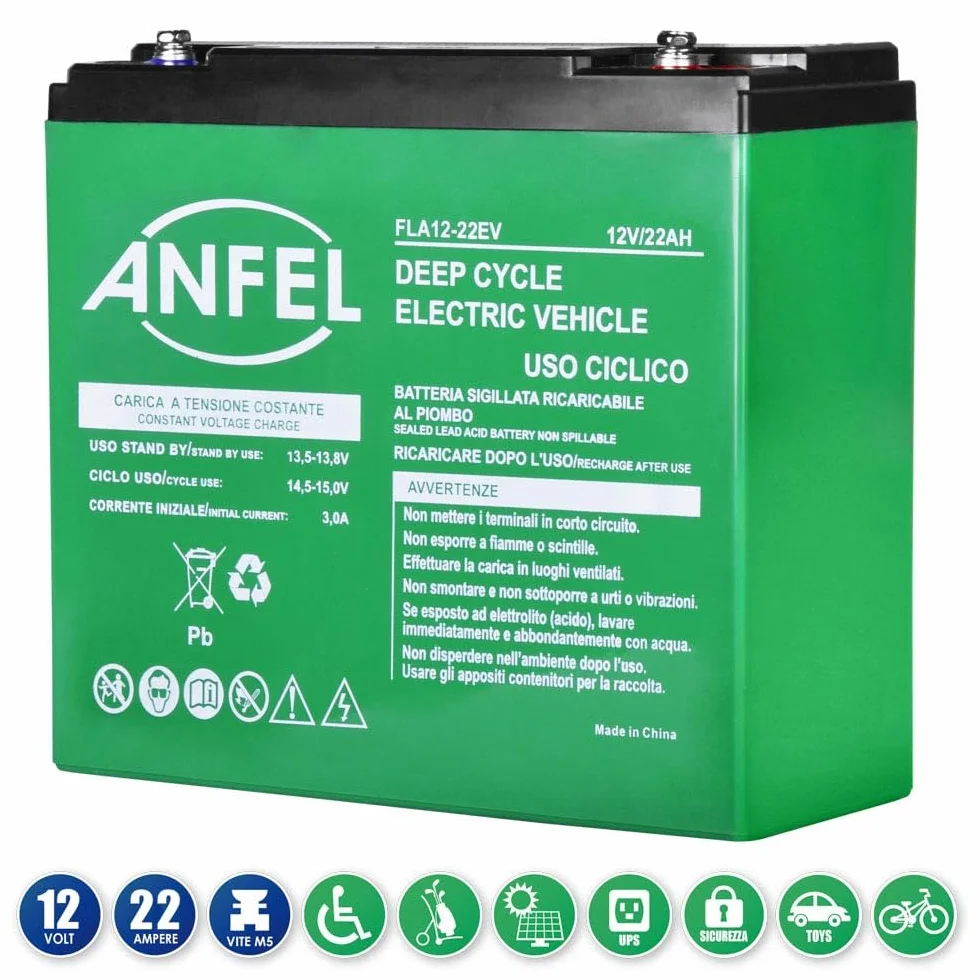 Batteria 12V 22Ah CICLICA sigillata VRLA Ricaricabile AGM Deep Cycle Senza manutezione Solare Camper Barca Nautica UPS Sicurezza Veicoli Elettrici eBike Scooter Impianti fotovoltaici SCARICA LENTA
