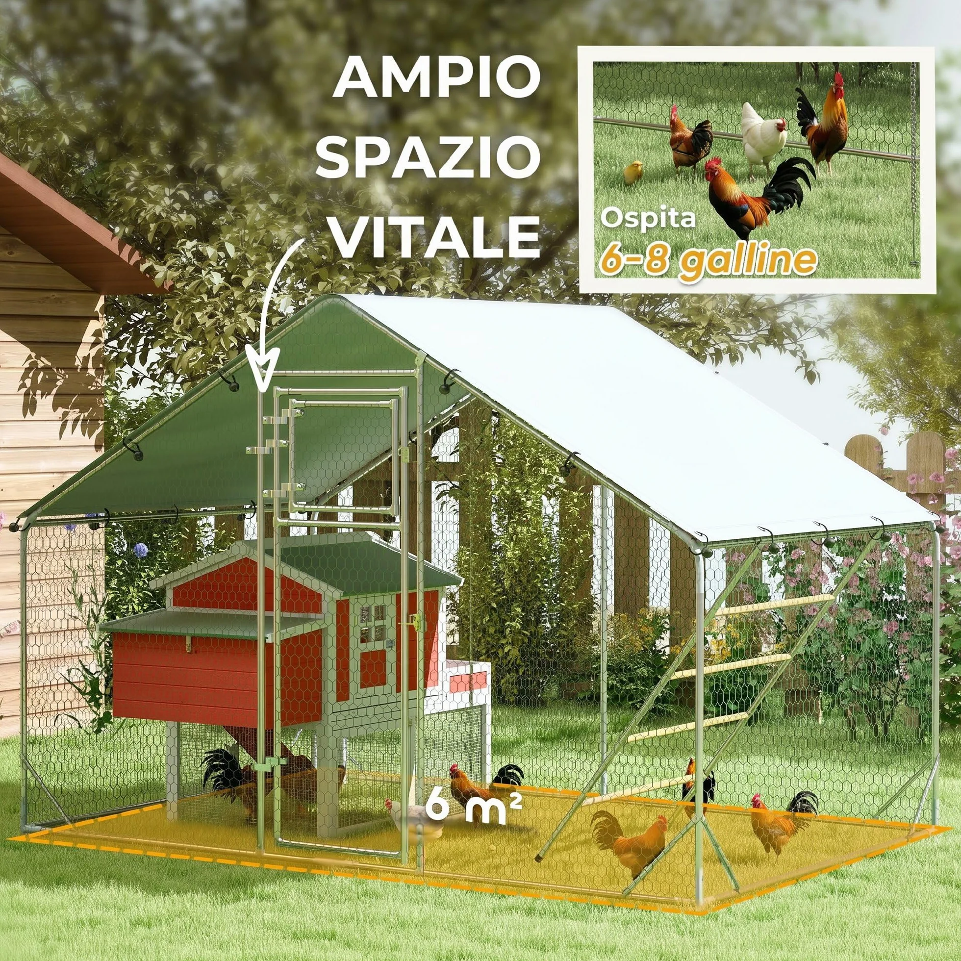 PawHut Pollaio per Galline da Esterno, 3x2x2 m 6 m² Recinto per 6-8 Galline in Acciaio Zincato, Gabbia per Polli con Tetto Impermeabile Anti-UV Mangiatoia Posatoio Serratura, Piccoli Animali Conigli