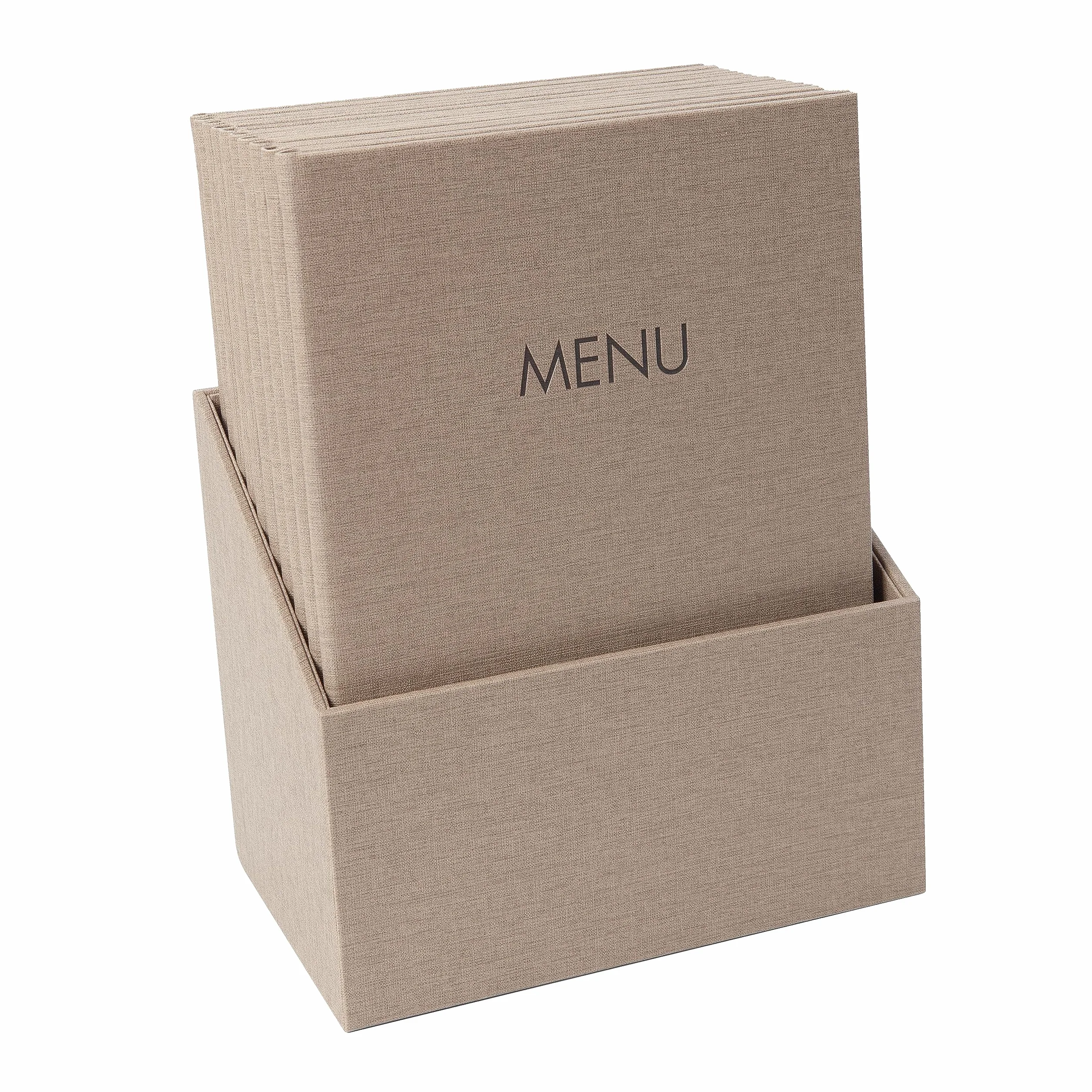 SIGEL SM208 Set di 10 Portamenù con cordino elastico e 2 tasche trasparenti per 8 fogli DIN A4, con stampa del menù, beige scuro