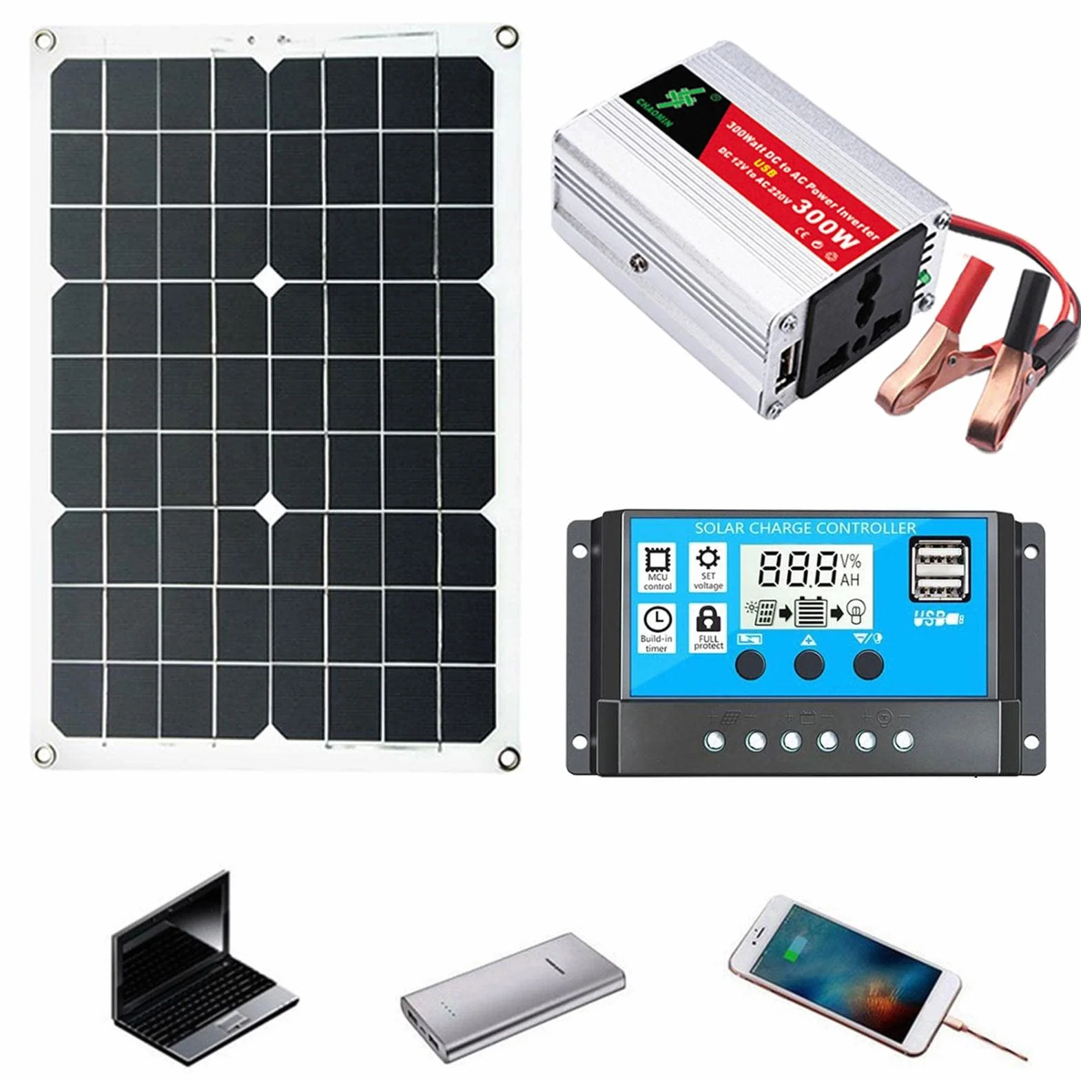 300W 12V Pannello Solare kit Caricabatterie Solare Portatile Pieghevole Fotovoltaico, Intelligente Regolatore di Carica della del Pannello Solare con Display LCD per auto, roulotte, batteria da