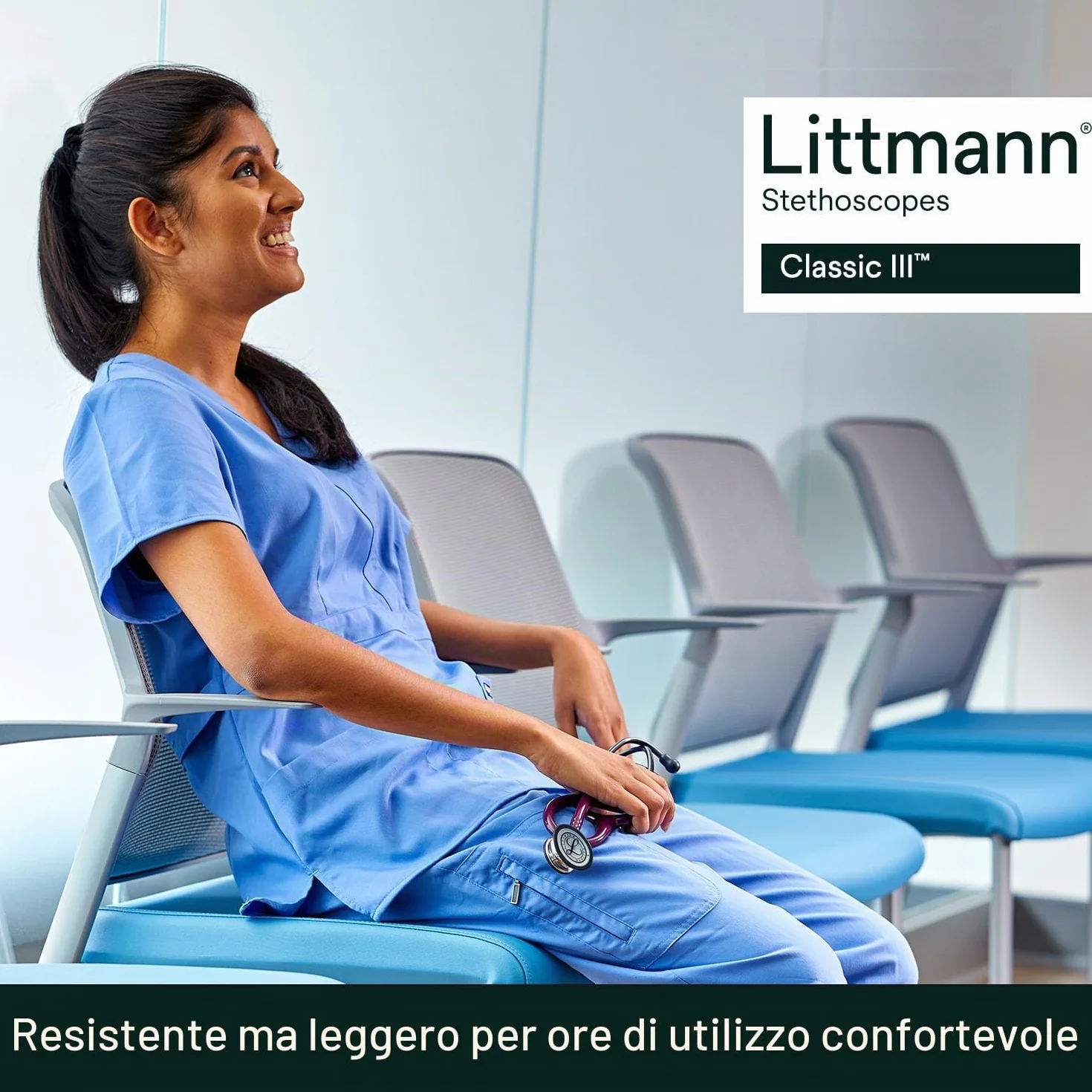 3M Littmann Classic III Stetoscopio per monitoraggio, tubo auricolare blu Caraibi, 69 cm