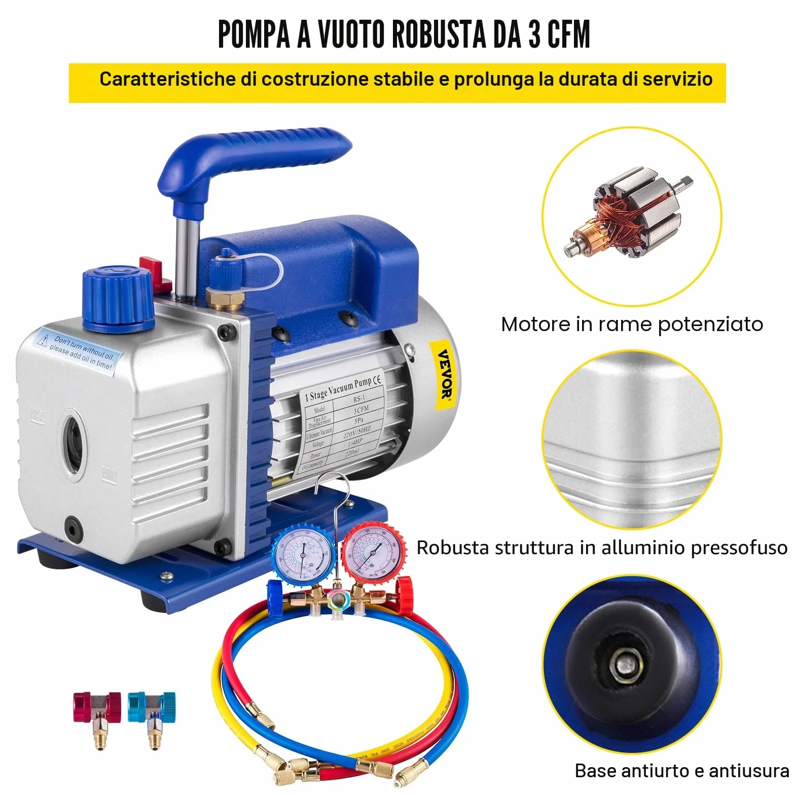 Mophorn 3CFM Pompa per Vuoto, 1/4 HP 85 Lt/min Pompa per Vuoto Frigorista HVAC Set di Misuratore di Collettore CA/CC, Pompa a Vuoto Aria Condizionata a 1 Stadio per Refrigerante e Degasaggio