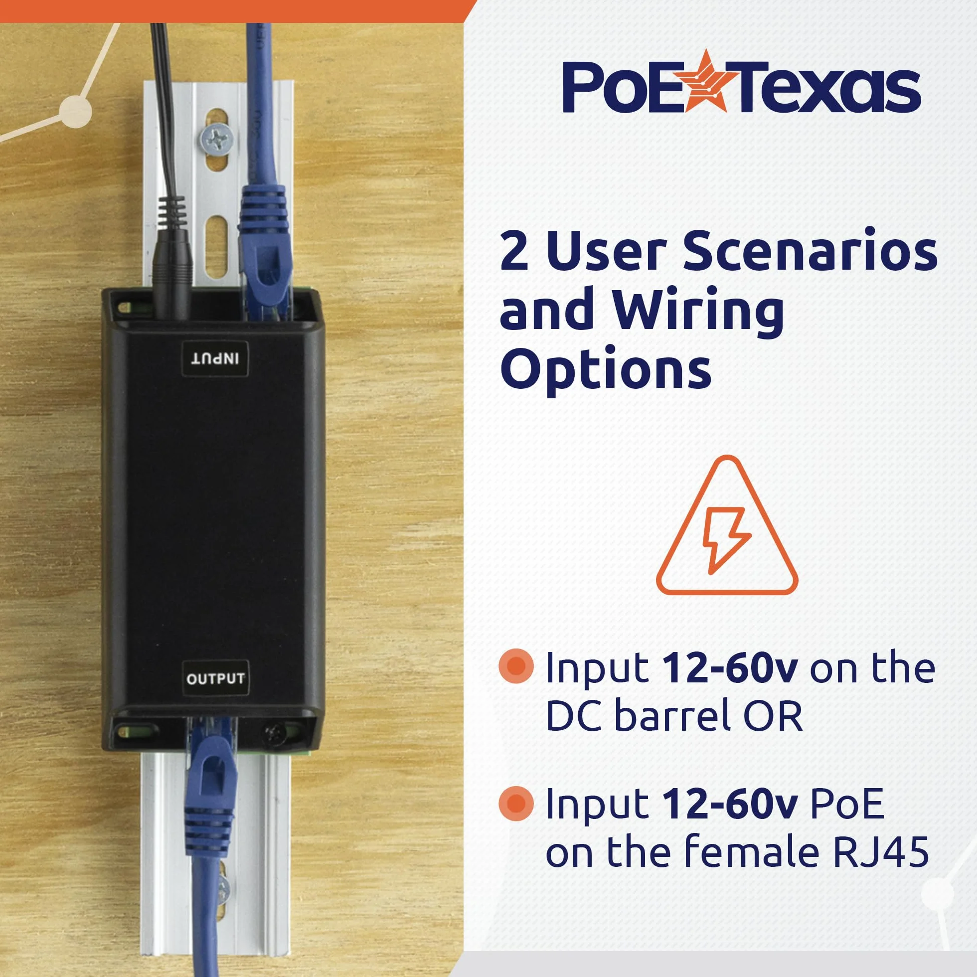 PoE Texas DC-Powered PoE+ (30 watt) Gigabit Inline Injector Converts 12-60V in to 50 Volt IEEE 802.3at PoE+ Out - Variable DC PoE Injector for Solar & Battery Powered Installations, WiFi & More