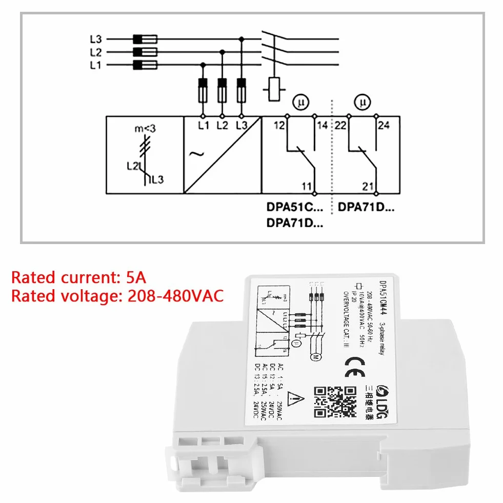 DPA51CM44 Protezione Sequenza Fasi Relè di Monitoraggio Trifase 208-480 V CA.